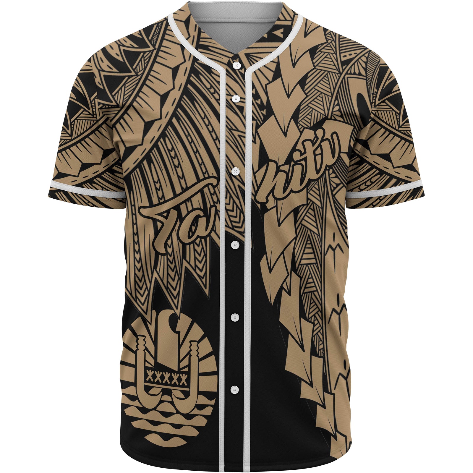 Tahiti Polynesian Baseball Shirt - Tribal Wave Tattoo Gold Unisex Gold - Polynesian Pride
