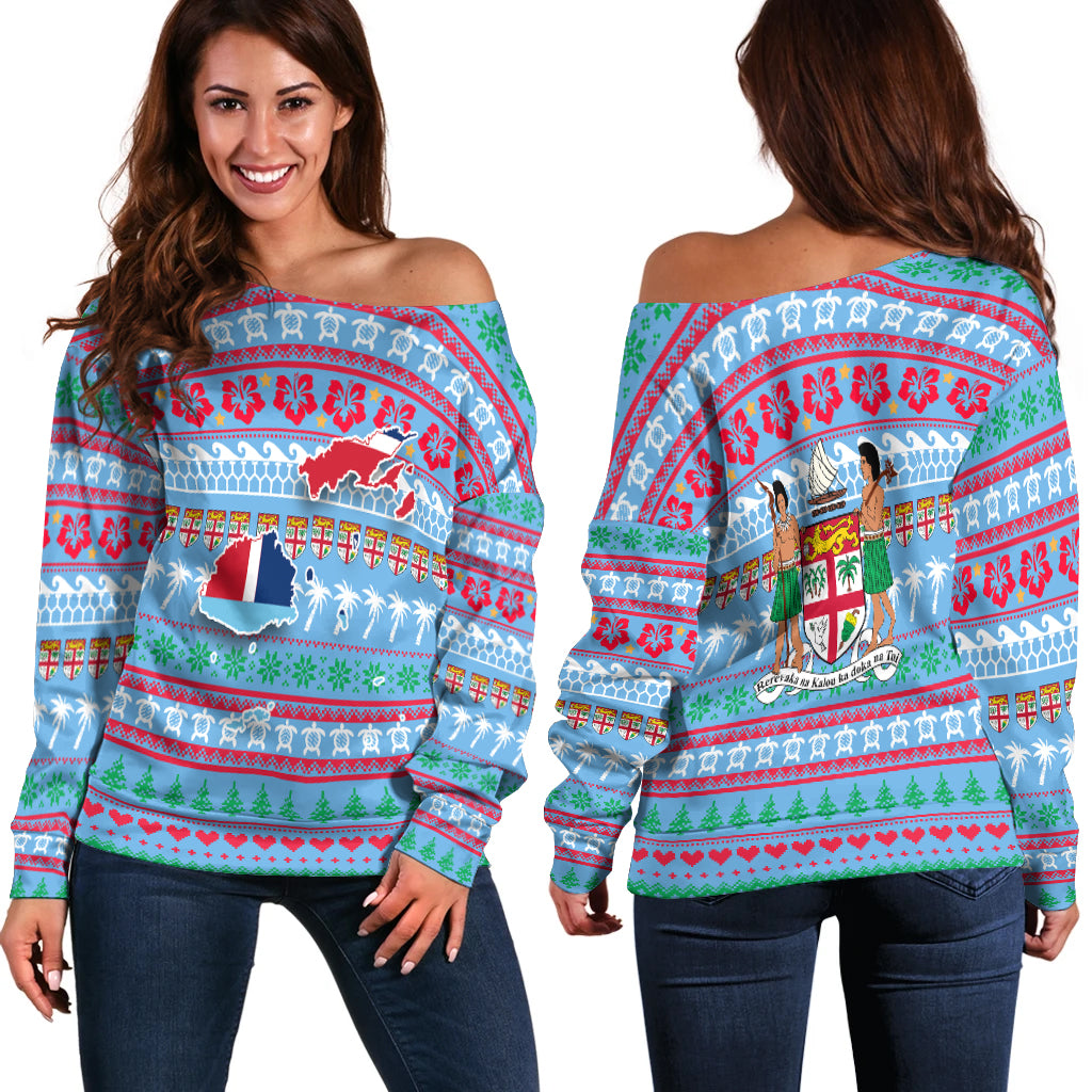 Fiji Christmas Women Off Shoulder Sweater - Ugly Christmas - LT12 Blue - Polynesian Pride