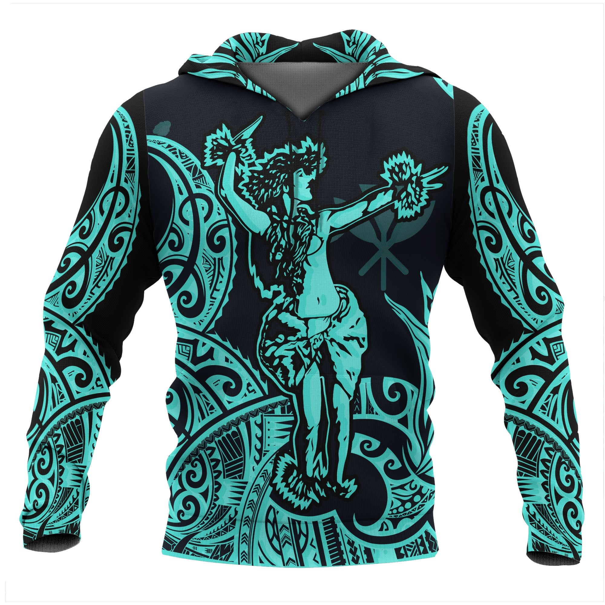 Polynesian Hawaii Hoodie Hula Girl Neon Blue Unisex Blue - Polynesian Pride