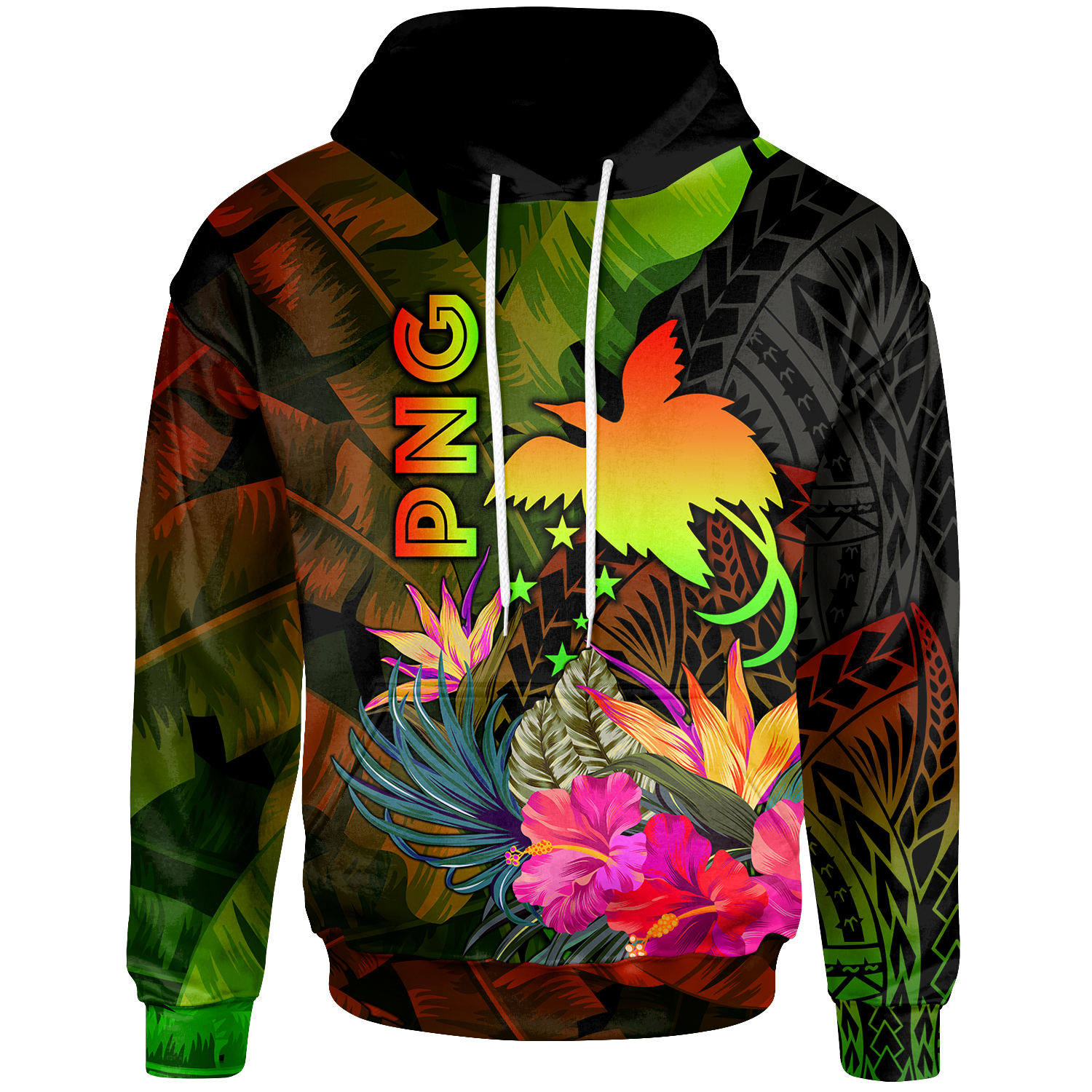 Papua New Guinea Polynesian Hoodie Hibiscus and Banana Leaves Unisex Reggae - Polynesian Pride