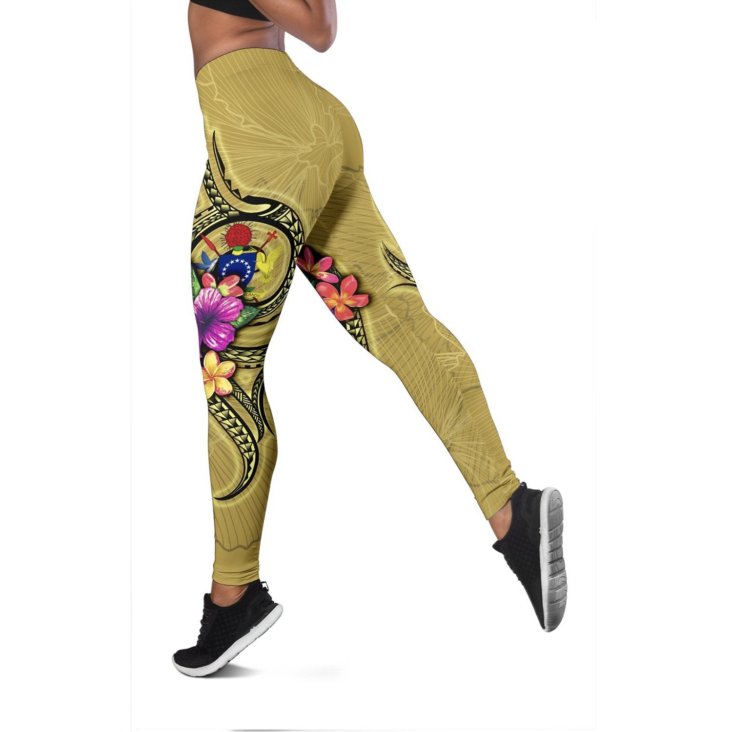 Cook Islands Polynesian Legging - Floral With Seal Gold Yellow - Polynesian Pride