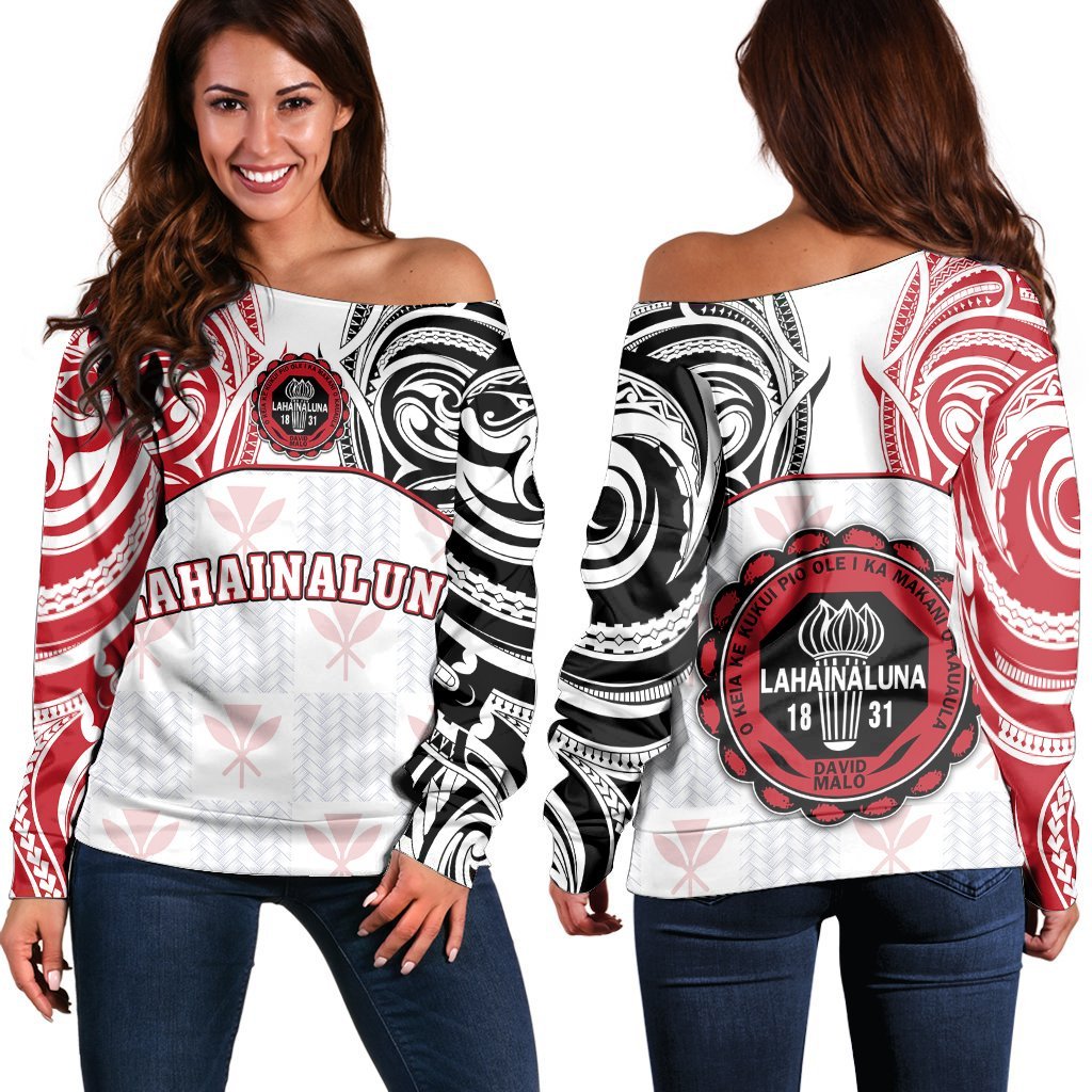 Hawaii - Kanaka Lahainaluna High School Off Shoulder Sweater Demodern Style AH White - Polynesian Pride