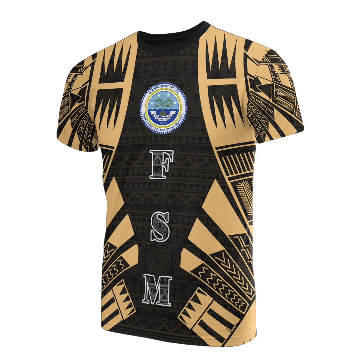 Federated States of Micronesia T Shirt F S M Seal Polynesian Tattoo Gold Style Unisex Black-Gold - Polynesian Pride