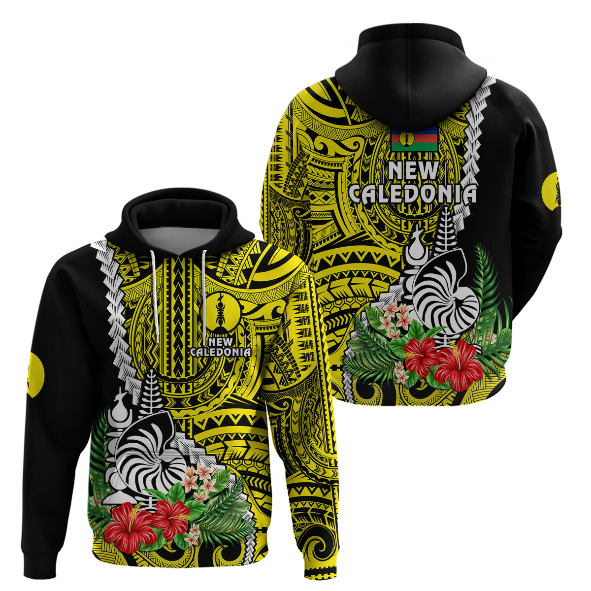 New Caledonia Polynesian Coat of Arms Mix Tropical Flowers Hoodie LT14 Yellow - Polynesian Pride