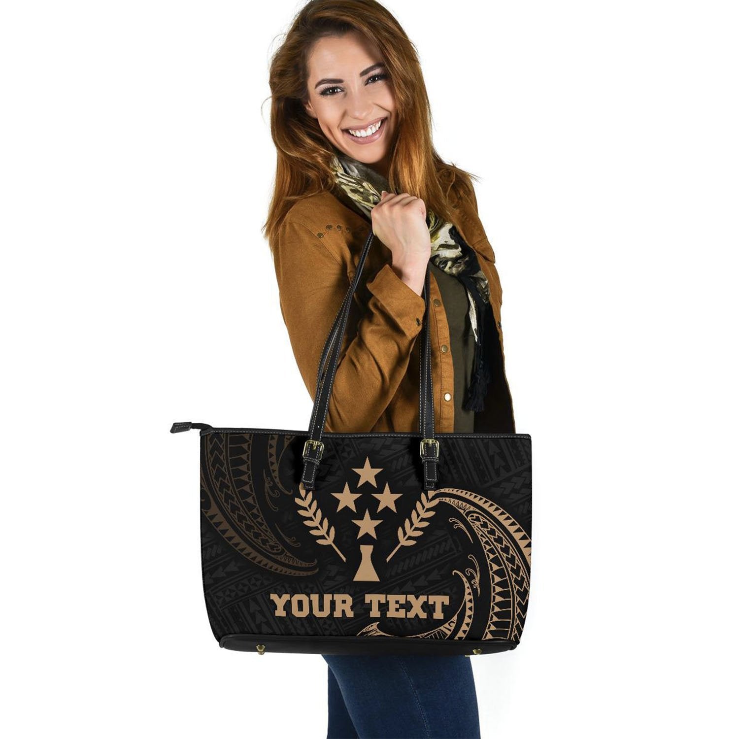 Kosrae Micronesia Custom Personalised Leather Tote Bag - Gold Tribal Wave Gold - Polynesian Pride