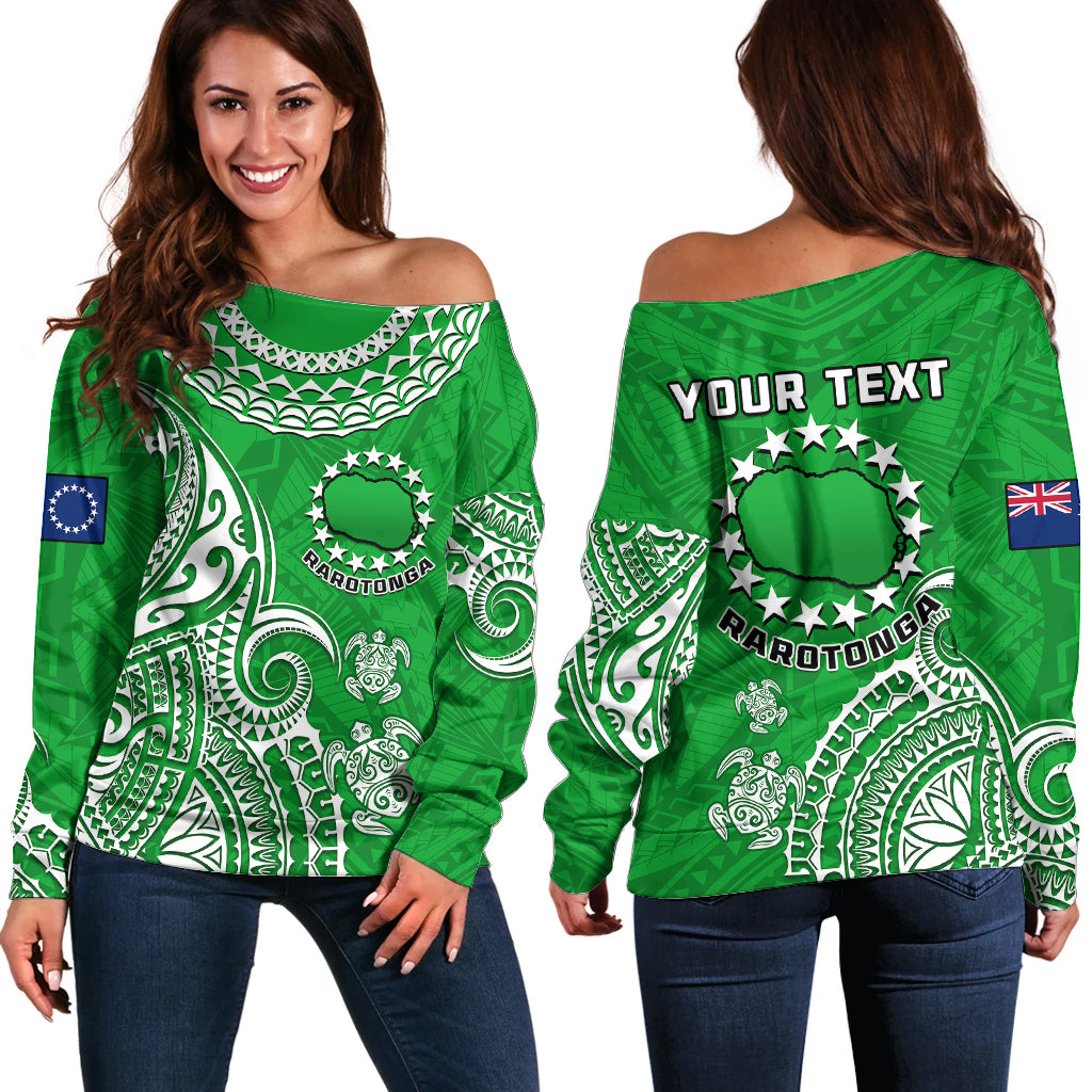 (Custom Personalised) Rarotonga Cook Islands Polynesian Turtle Art Off Shoulder Sweater LT14 Women Green - Polynesian Pride