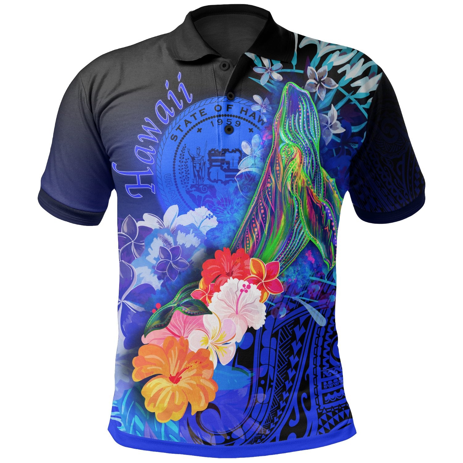 Polynesian Hawaii Polo Shirt Humpback Whale with Tropical Flowers (Blue) Unisex Blue - Polynesian Pride