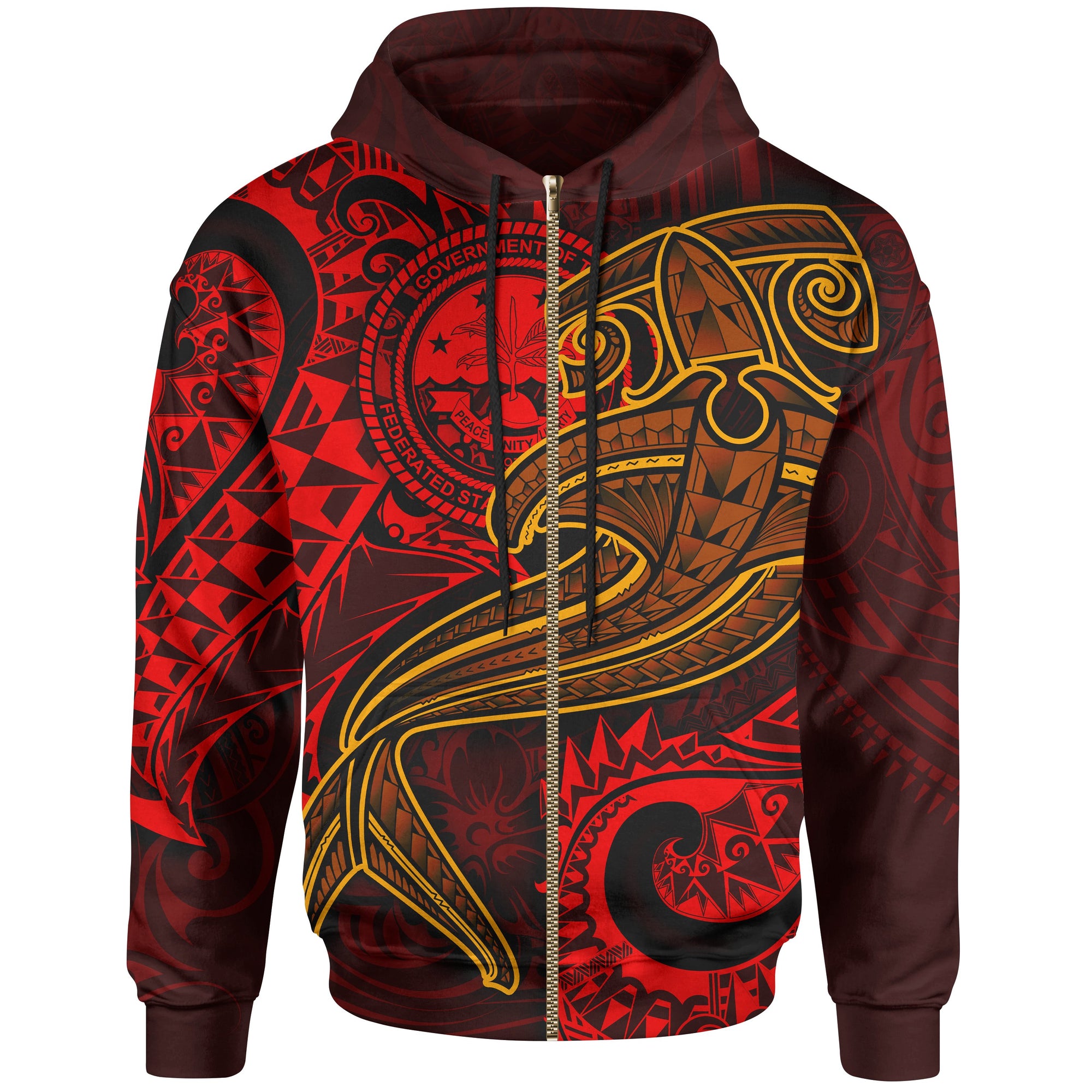 FSM Zip up Hoodie Red Shark Polynesian Tattoo Unisex Red - Polynesian Pride