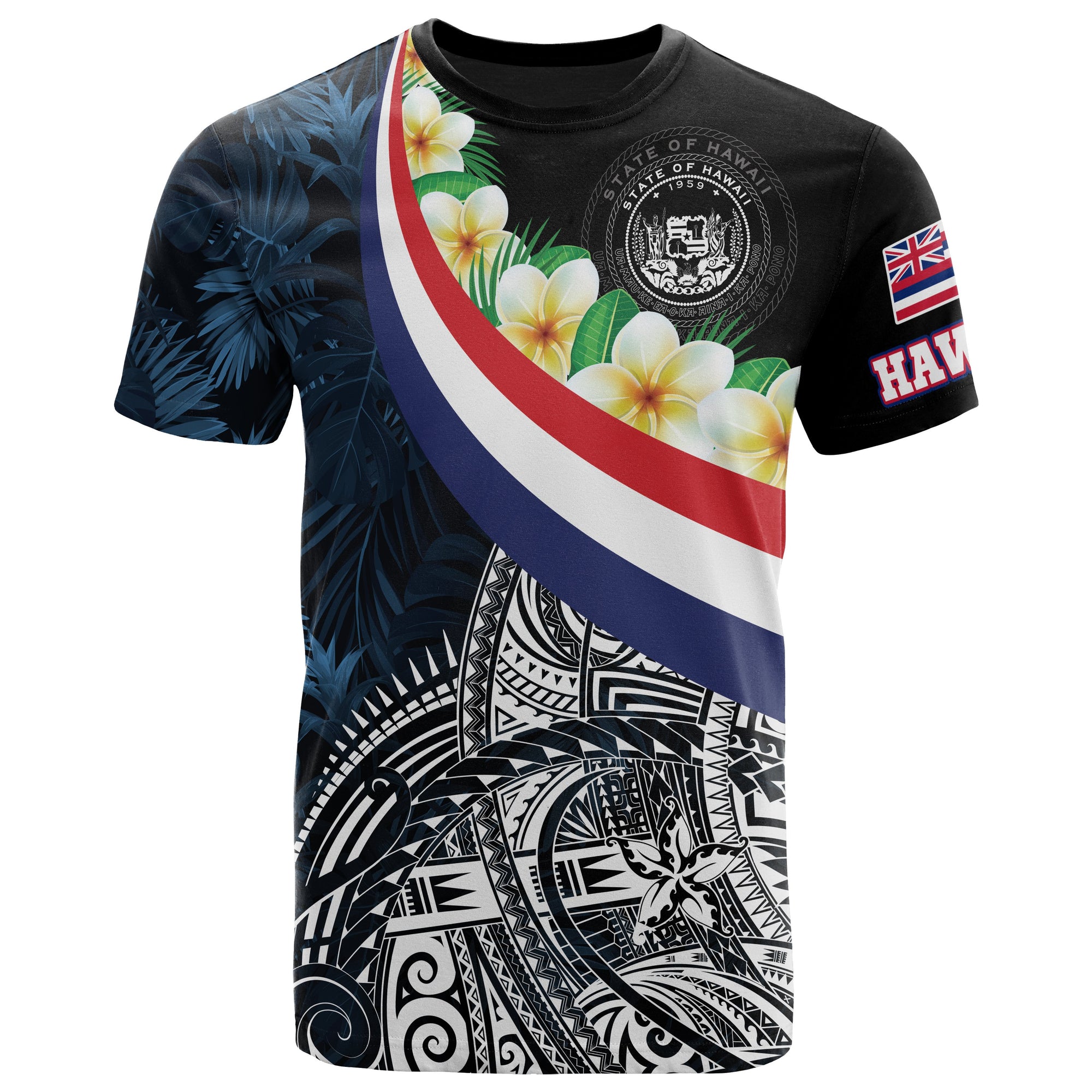 Polynesian Hawaii T Shirt Hawaii Seal With Plumeria Style Unisex Black - Polynesian Pride