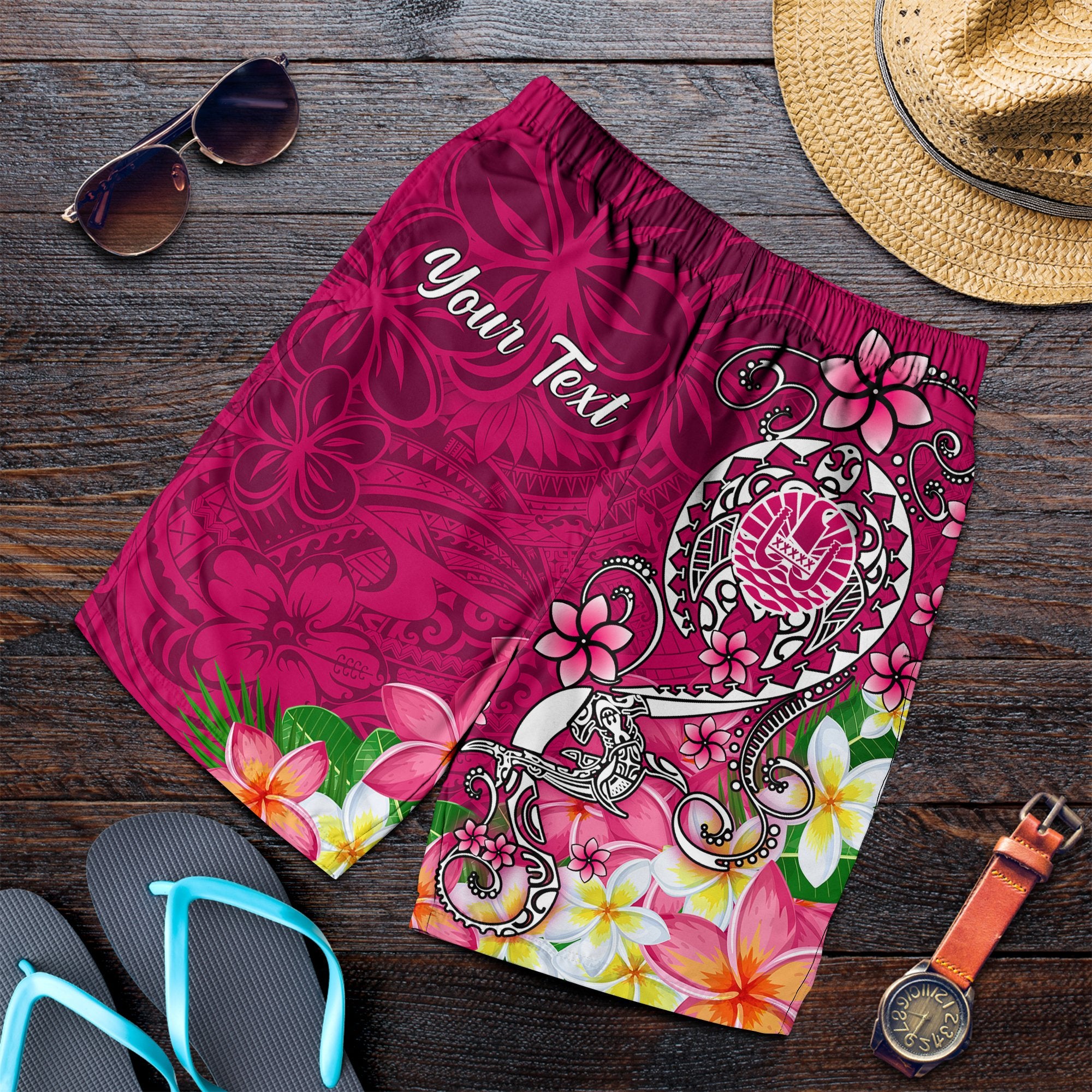 Tahiti Custom Personalised Men's Shorts - Turtle Plumeria (Pink) Blue - Polynesian Pride