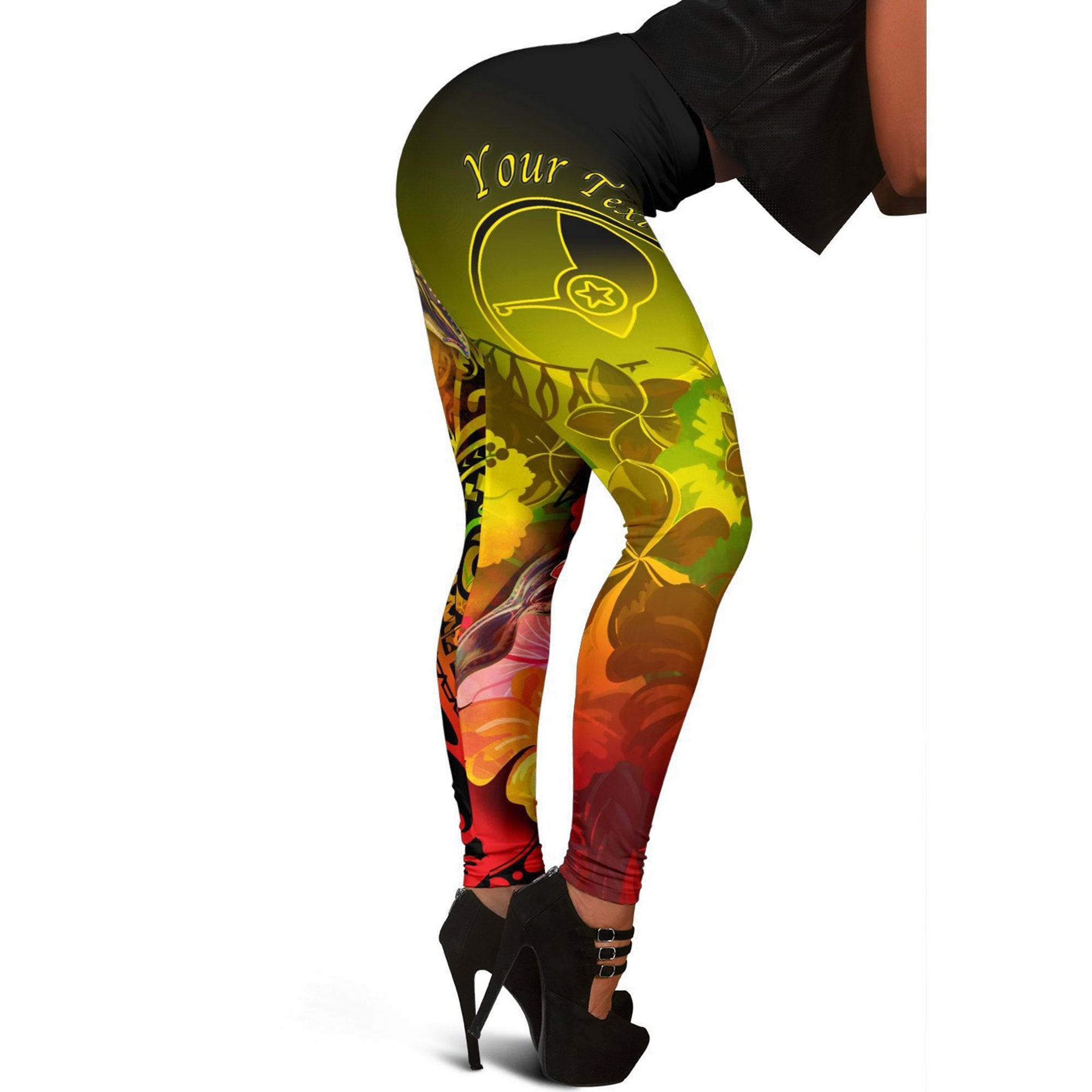 Custom Personalised Yap Women's Leggings - Humpback Whale with Tropical Flowers (Yellow) Yellow - Polynesian Pride