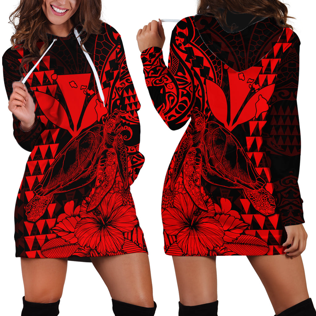 Kakau Polynesian Tribal Hawaiian Turtle with Kanaka Maoli Red Hoodie Dress LT9 Red - Polynesian Pride