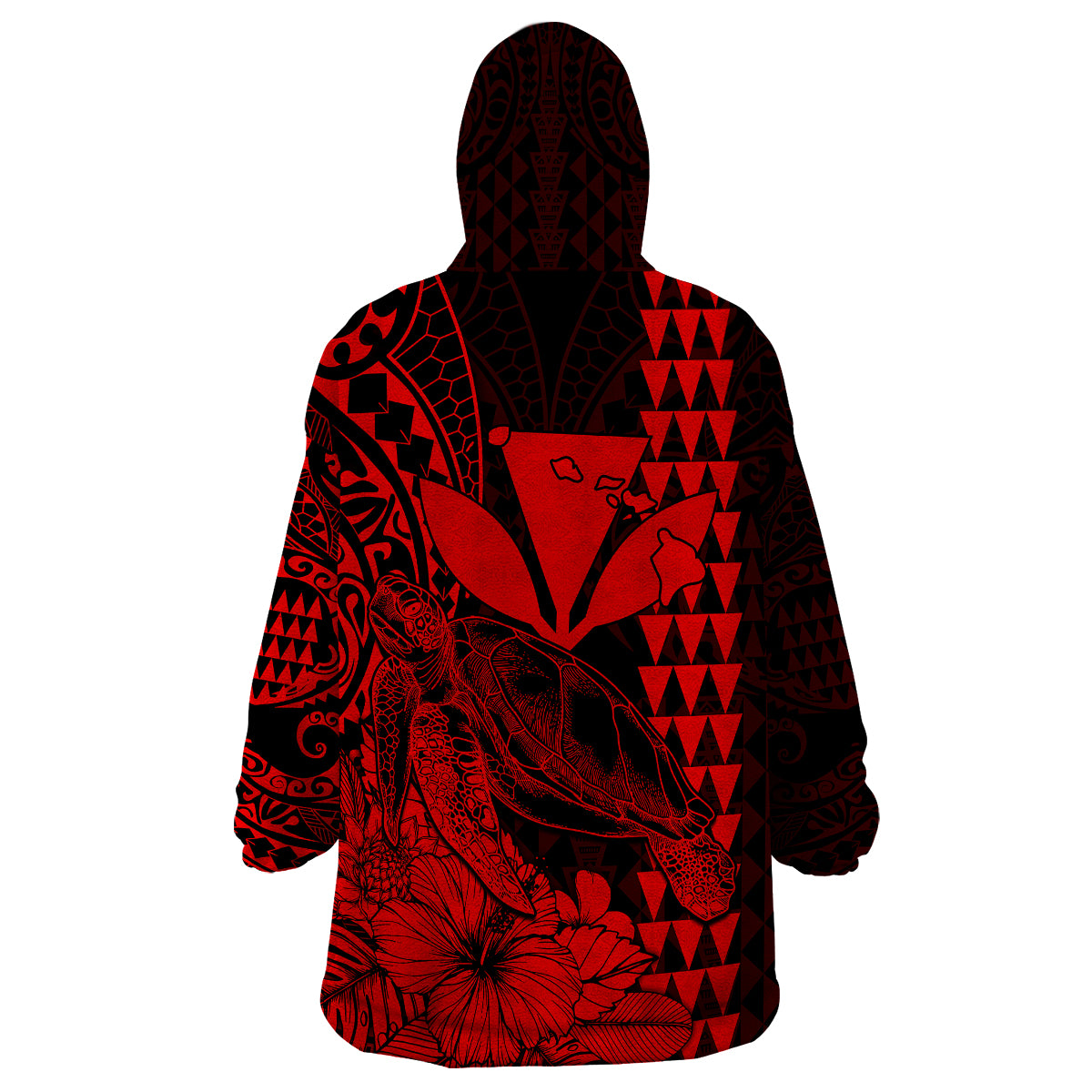 Kakau Polynesian Tribal Hawaiian Turtle with Kanaka Maoli Red Wearable Blanket Hoodie LT9 - Polynesian Pride