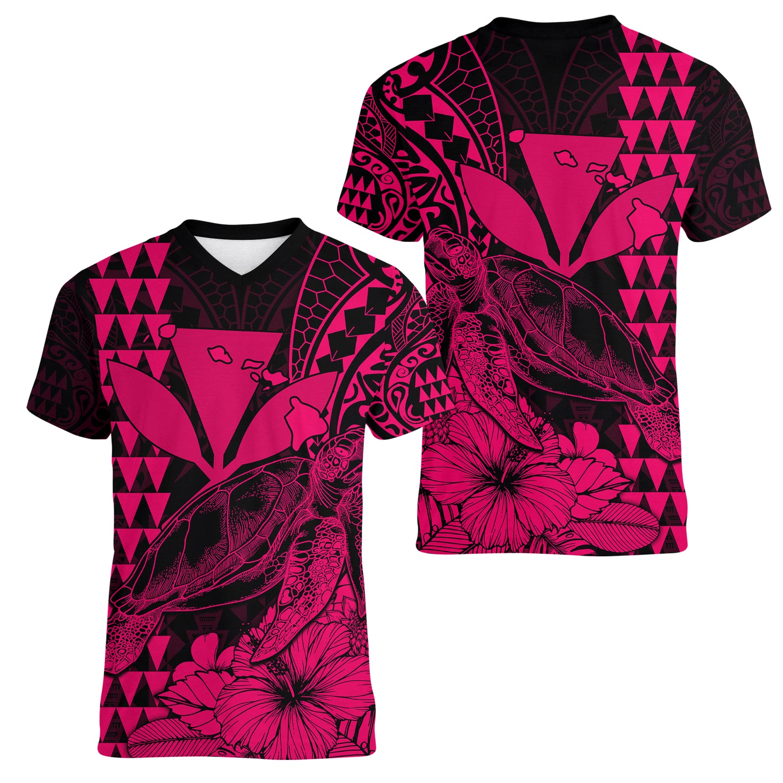 Kakau Polynesian Tribal Hawaiian Turtle with Kanaka Maoli Pink Women V Neck T Shirt LT9 Female Pink - Polynesian Pride