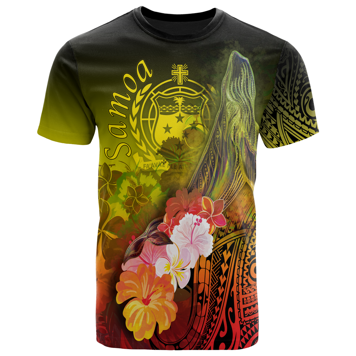 Samoa T Shirt Humpback Whale with Tropical Flowers (Yellow) Unisex Yellow - Polynesian Pride