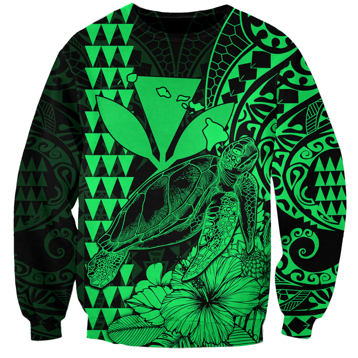 Kakau Polynesian Tribal Hawaiian Turtle with Kanaka Maoli Green Sweatshirt LT9 Unisex Green - Polynesian Pride