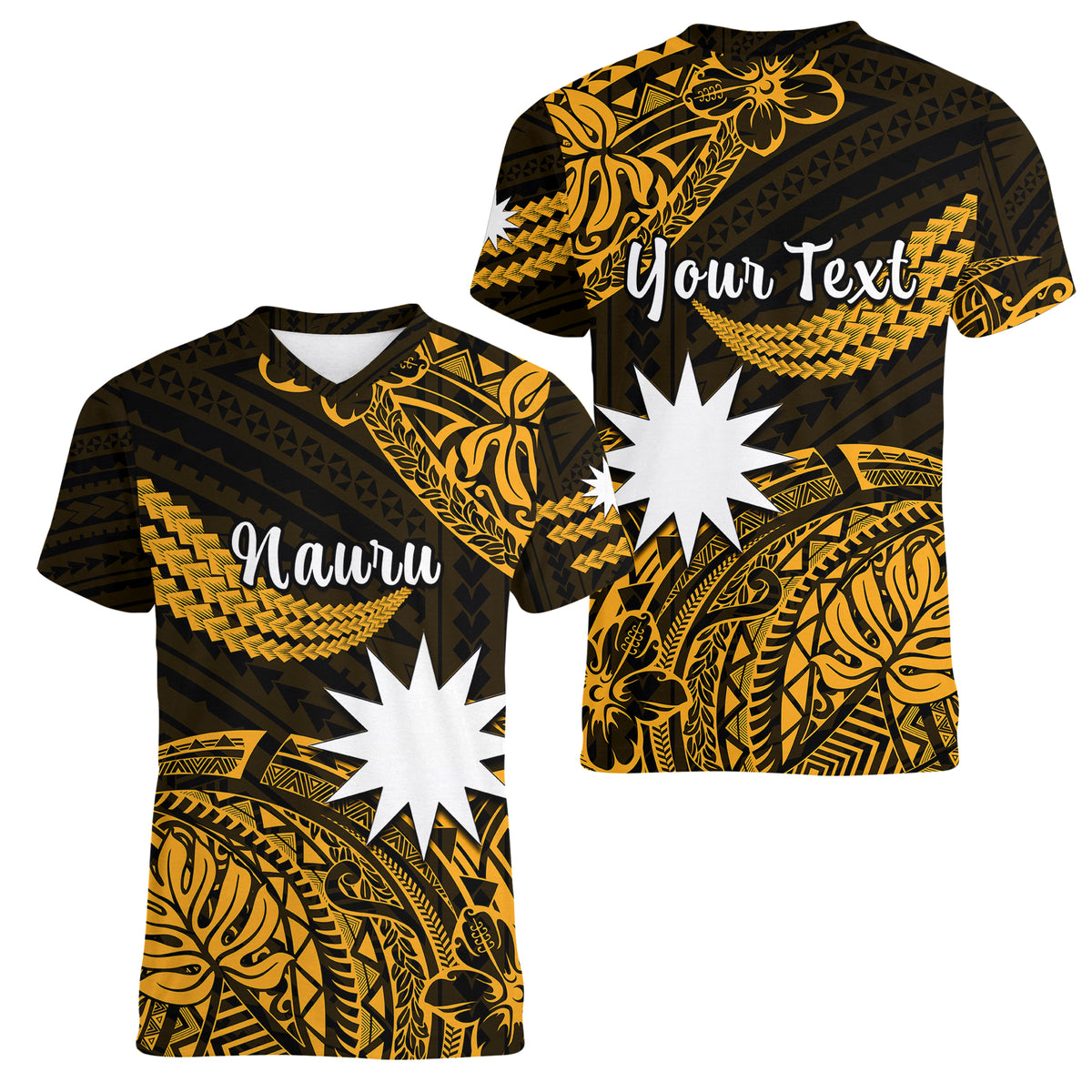 (Custom Personalised) Nauru Polynesian Hibiscus Naoero Glod Women V Neck T Shirt LT14 Female Gold - Polynesian Pride