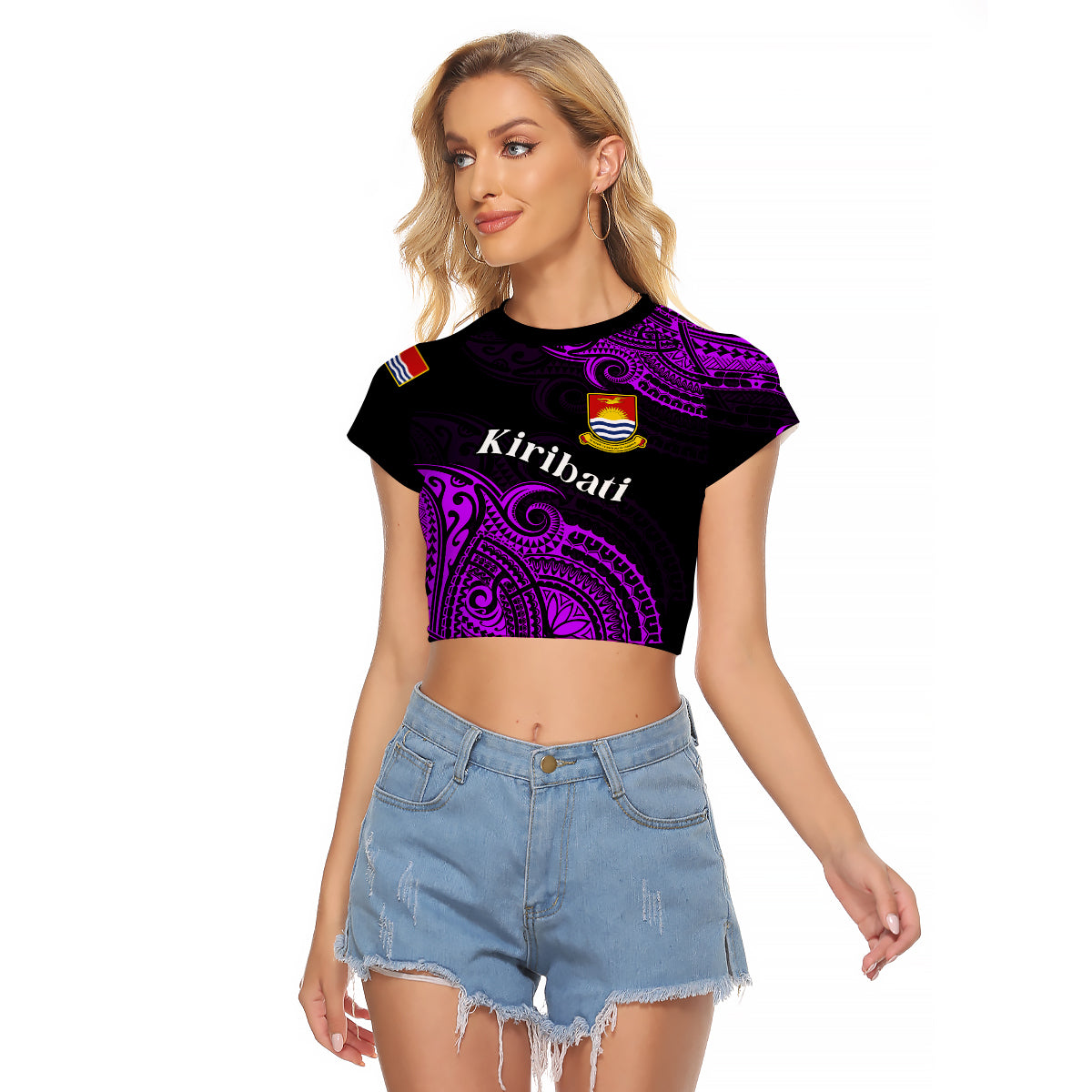 (Custom Personalised) Ribaberiki Kiribati Coat Of Arms Mix Purple Polynesian Raglan Cropped T Shirt LT14 Female Purple - Polynesian Pride