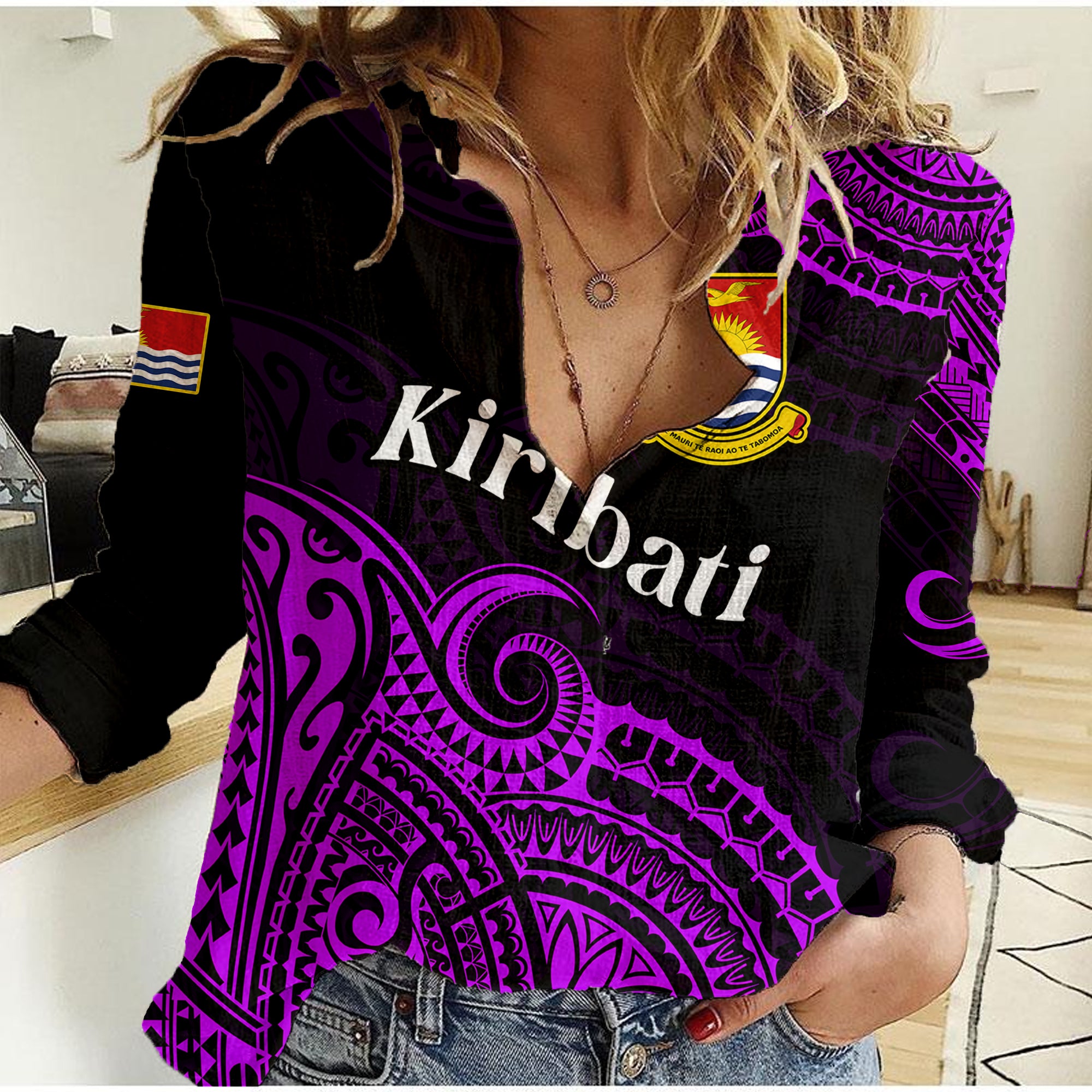 (Custom Personalised) Ribaberiki Kiribati Coat Of Arms Mix Purple Polynesian Women Casual Shirt LT14 Female Purple - Polynesian Pride