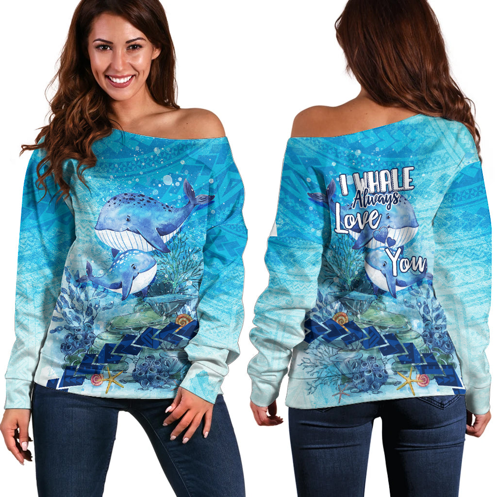 Mother and Baby Whale Mix Polynesian Style Off Shoulder Sweater TS07 Women Blue - Polynesian Pride