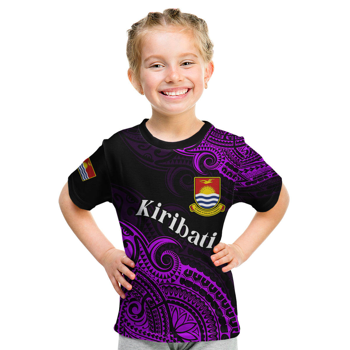 (Custom Personalised) Ribaberiki Kiribati Coat Of Arms Mix Purple Polynesian Kid T Shirt LT14 - Polynesian Pride