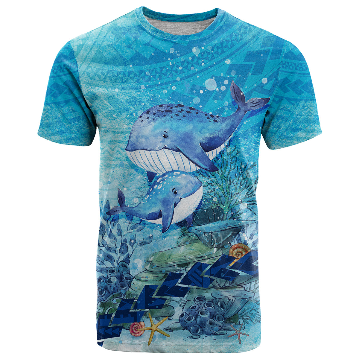 Mother and Baby Whale Mix Polynesian Style T Shirt TS07 Blue - Polynesian Pride