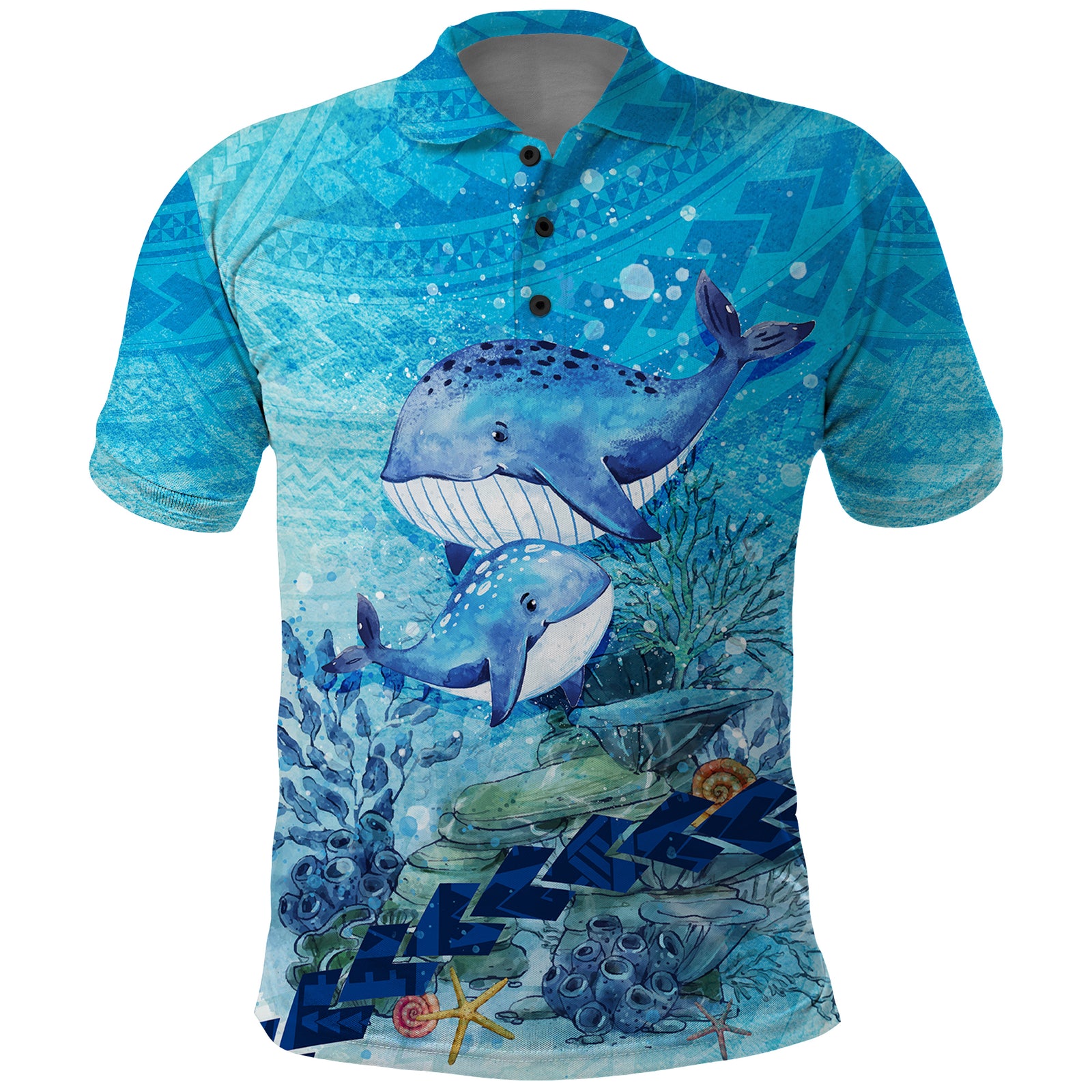 Mother and Baby Whale Mix Polynesian Style Polo Shirt TS07 Blue - Polynesian Pride