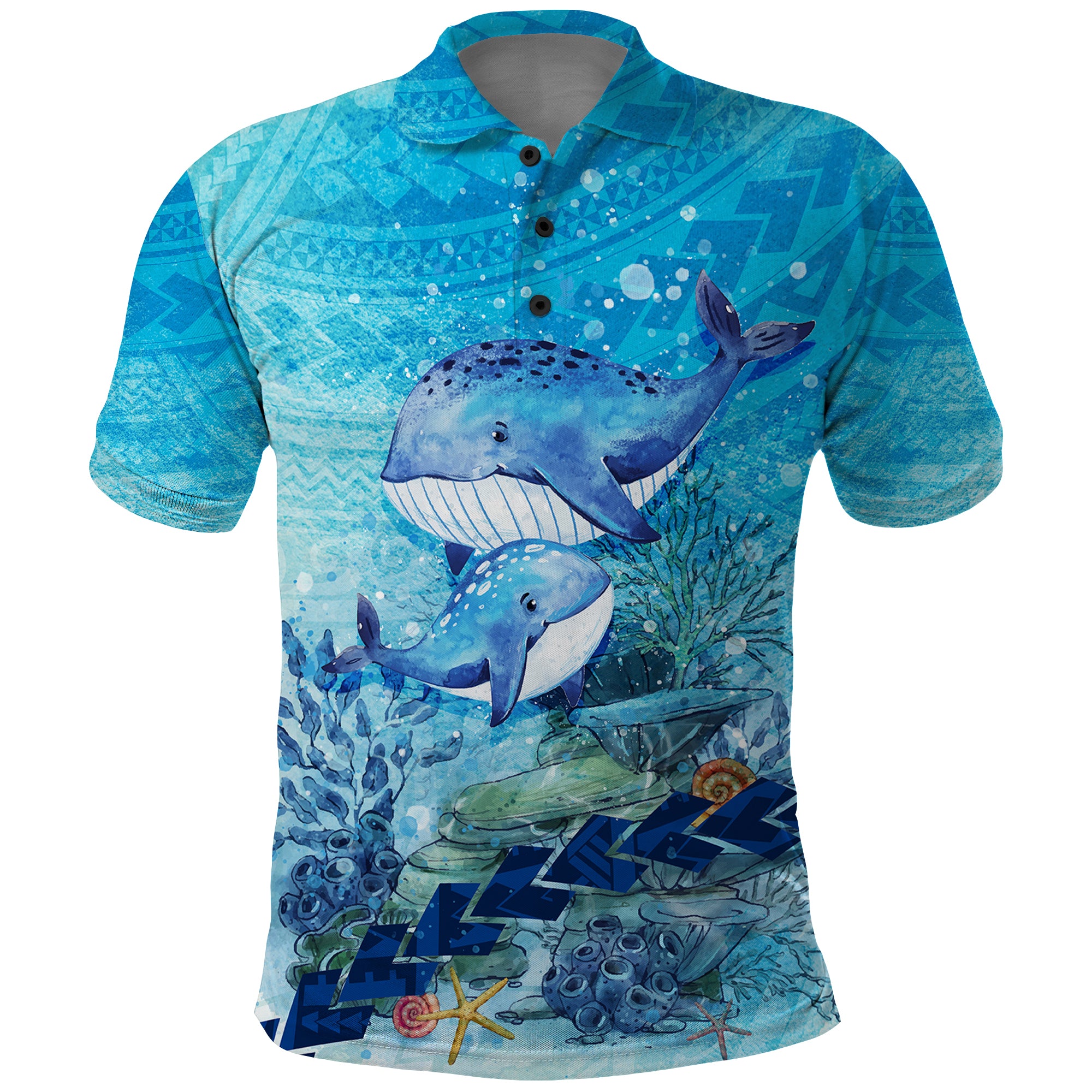 Mother and Baby Whale Mix Polynesian Style Polo Shirt TS07 Blue - Polynesian Pride