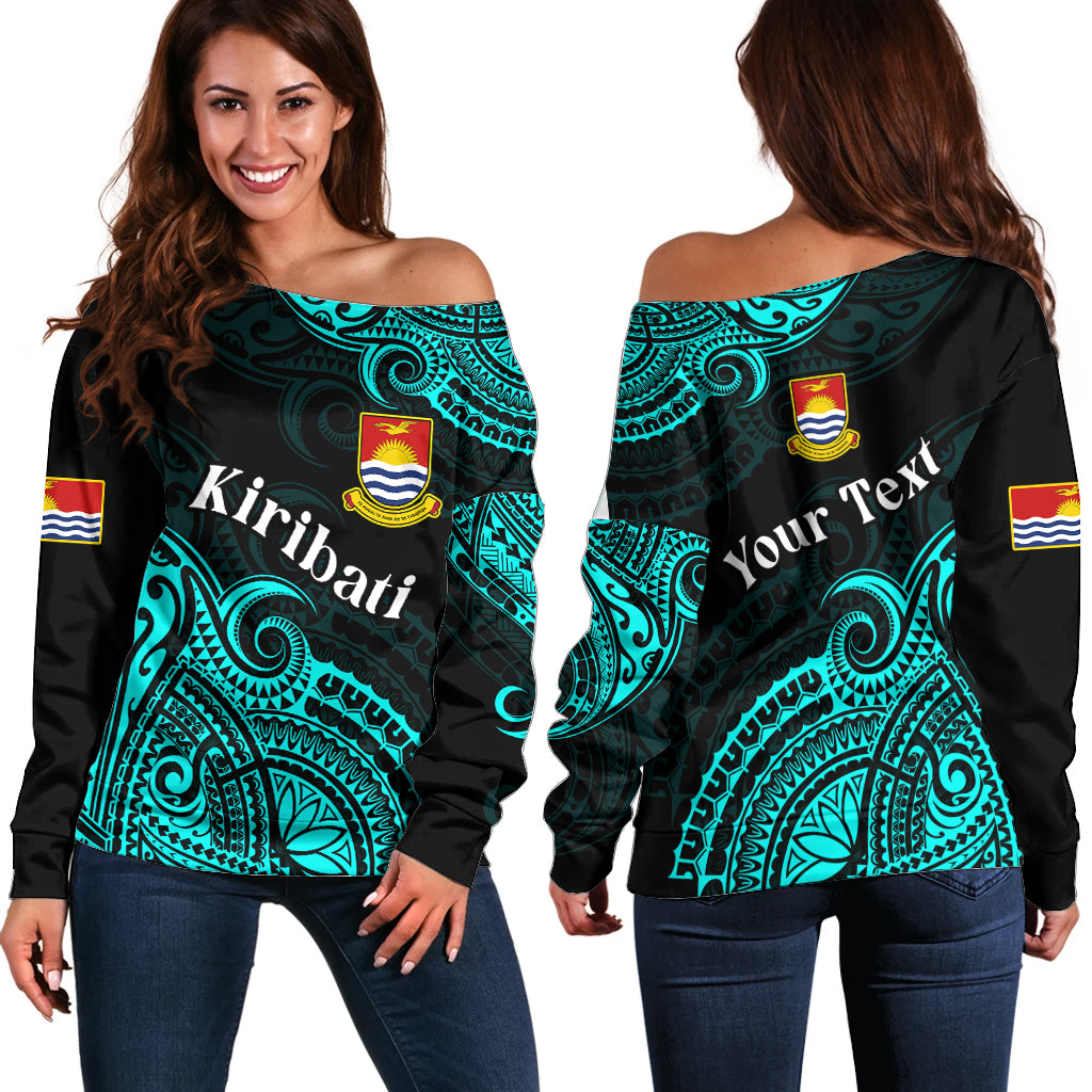 (Custom Personalised) Ribaberiki Kiribati Coat Of Arms Mix Cyan Polynesian Off Shoulder Sweater LT14 Women Cyan - Polynesian Pride