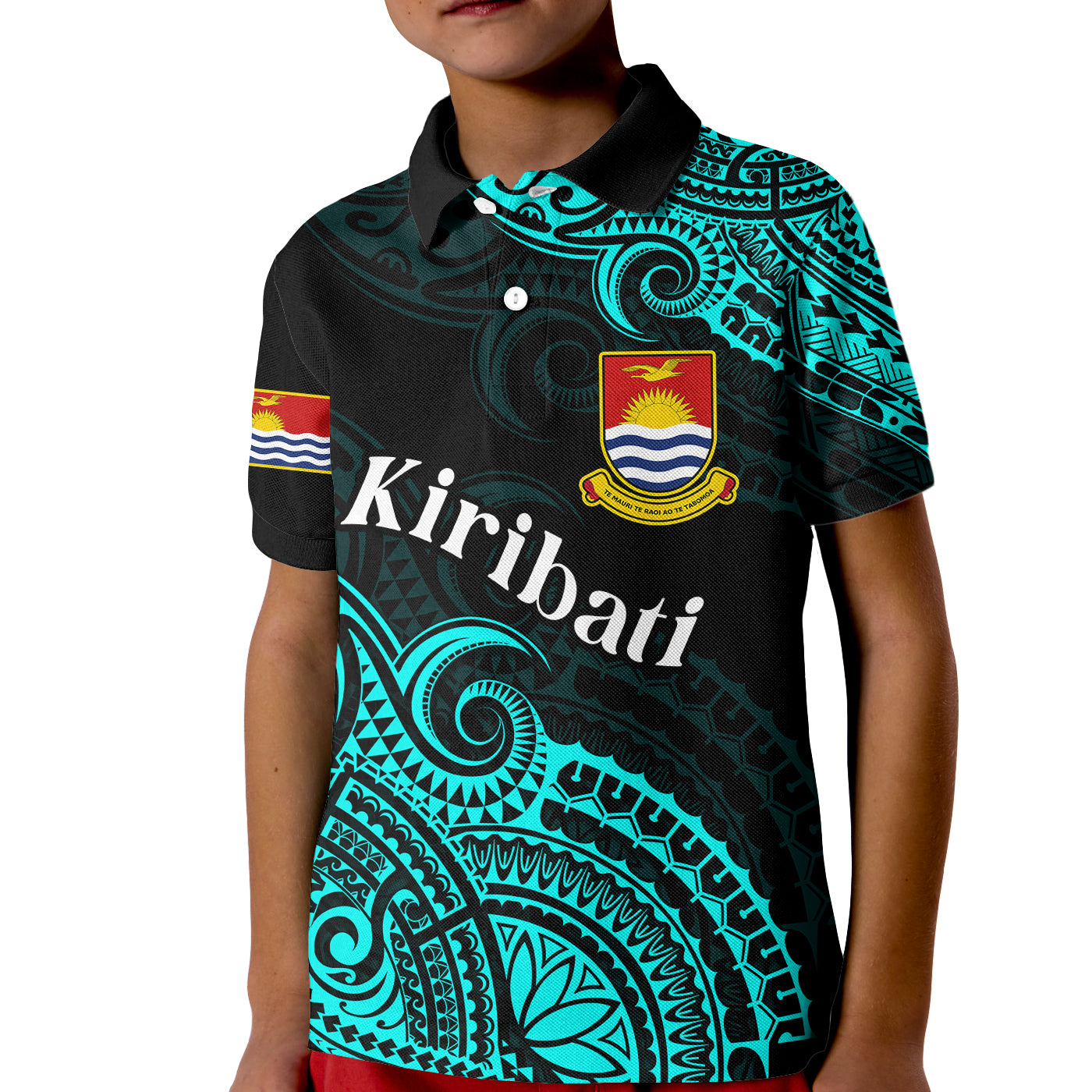 (Custom Personalised) Ribaberiki Kiribati Coat Of Arms Mix Cyan Polynesian Kid Polo Shirt LT14 Kid Cyan - Polynesian Pride