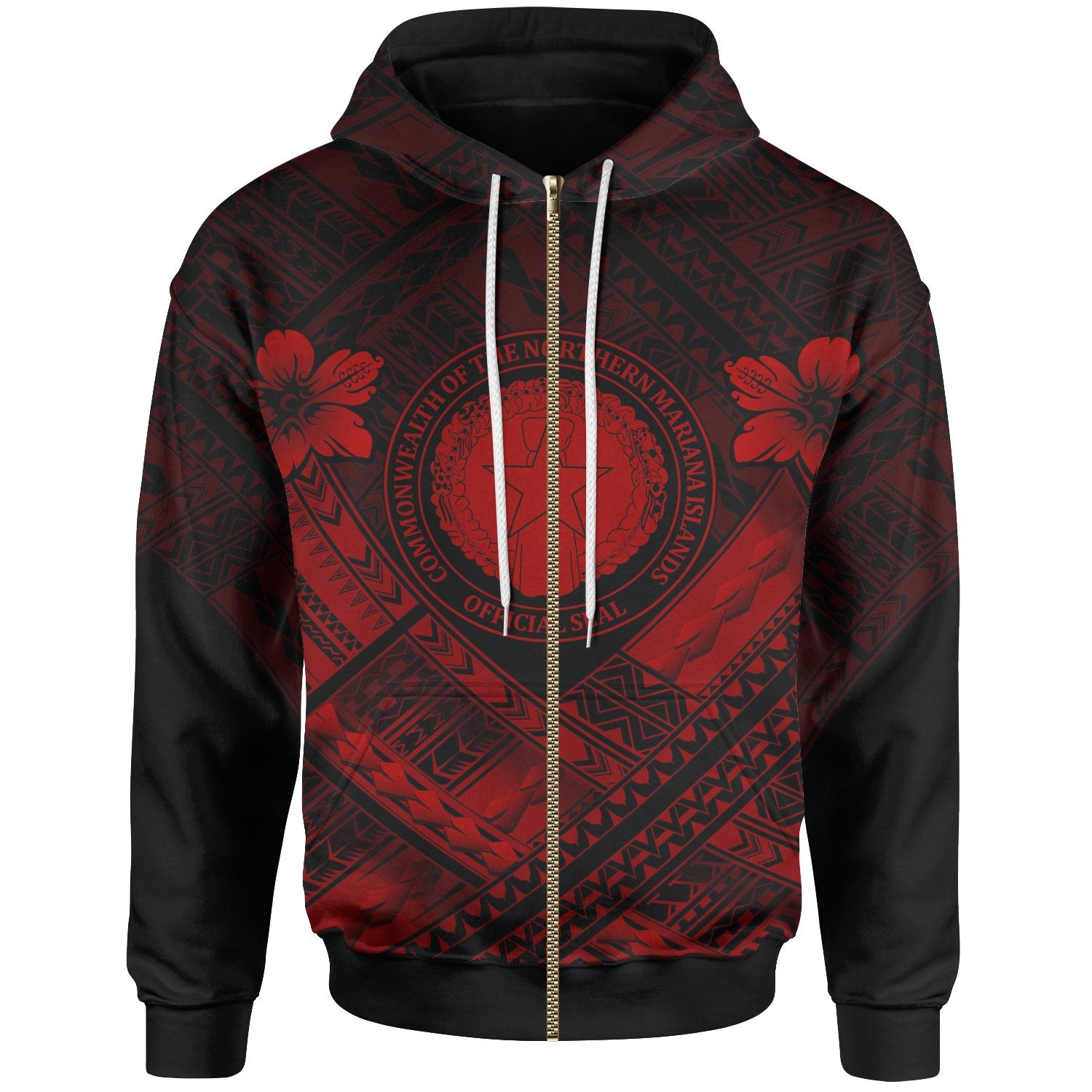 Northern Mariana Islands Zip up Hoodie CNMI Seal Camisole Hibiscus Style (Red) Unisex Red - Polynesian Pride