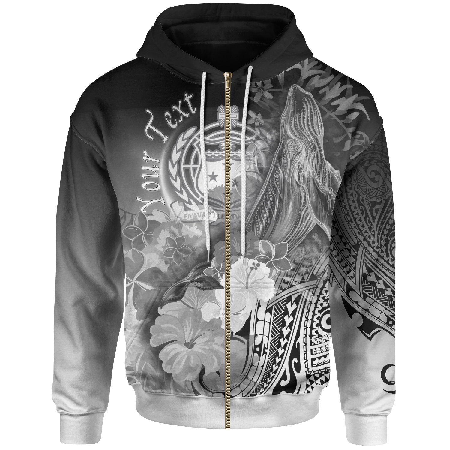 Custom Samoa Zip up Hoodie Humpback Whale with Tropical Flowers (White) Unisex White - Polynesian Pride