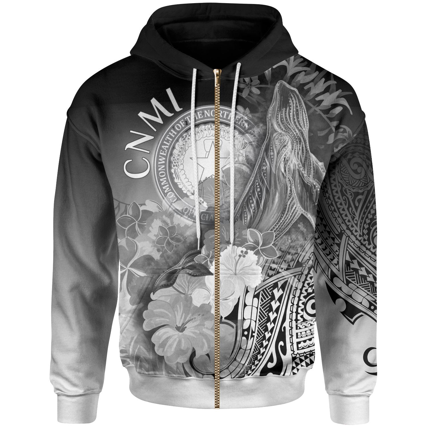 CNMI Zip up Hoodie Humpback Whale with Tropical Flowers (White) Unisex White - Polynesian Pride