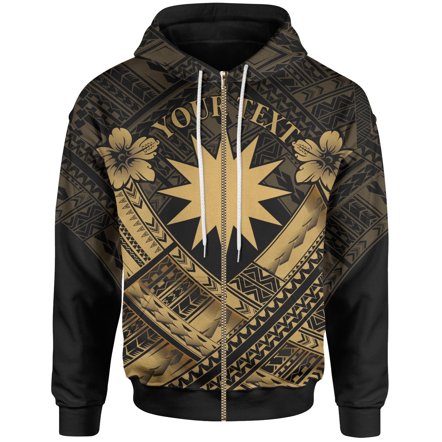 Nauru Polynesian Custom Zip up Hoodie Nauru Gold Seal Camisole Hibiscus Style Unisex Gold - Polynesian Pride