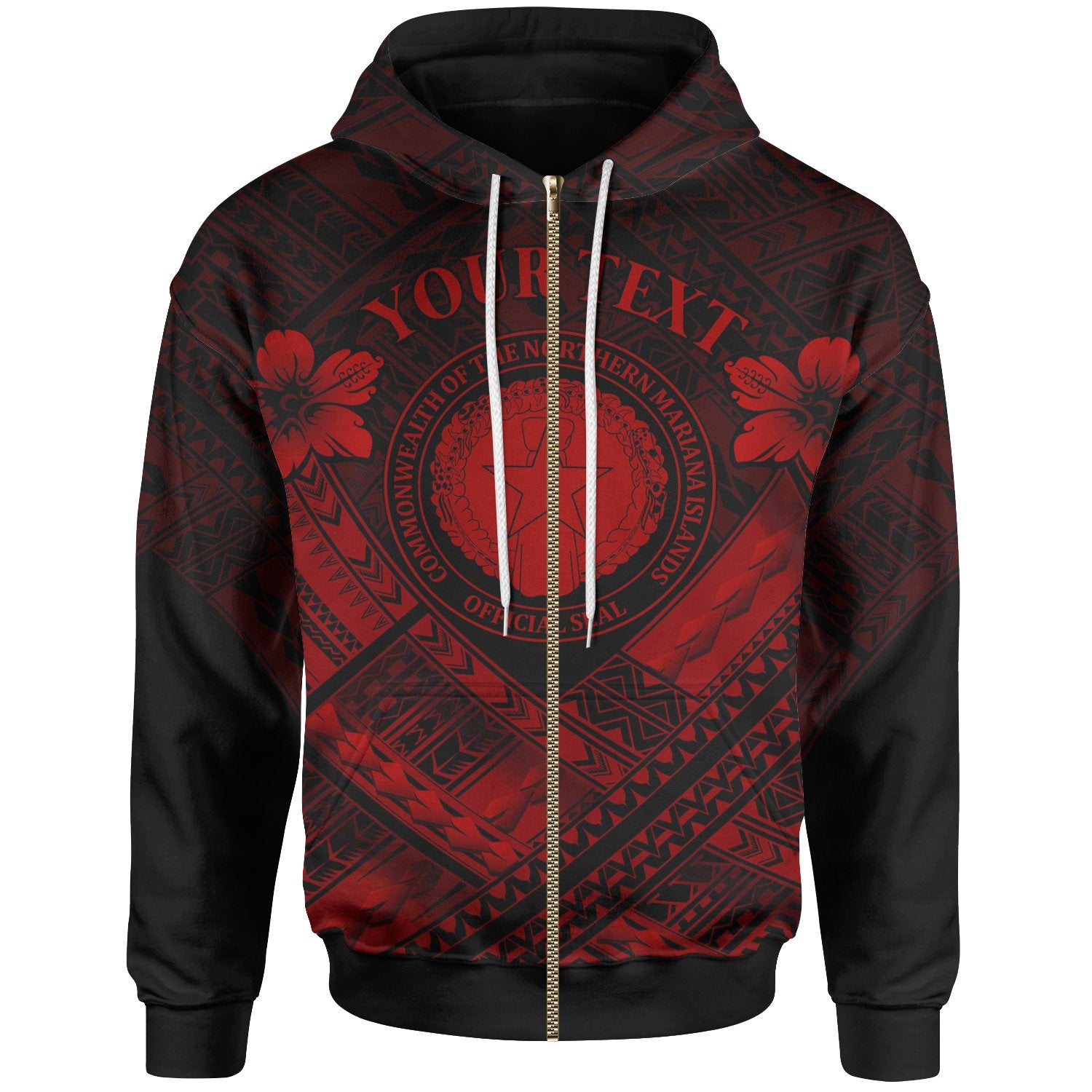 Northern Mariana Islands Custom Polynesian Zip up Hoodie CNMI Seal Camisole Hibiscus Style (Red) Unisex Red - Polynesian Pride