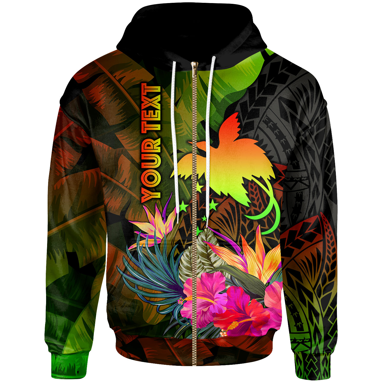 Papua New Guinea Polynesian Custom Zip up Hoodie Hibiscus and Banana Leaves Unisex Reggae - Polynesian Pride