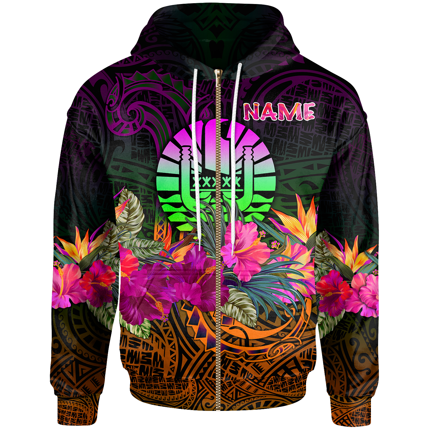 Tahiti Zip up Custom Hoodie Summer Hibiscus Unisex Reggae - Polynesian Pride