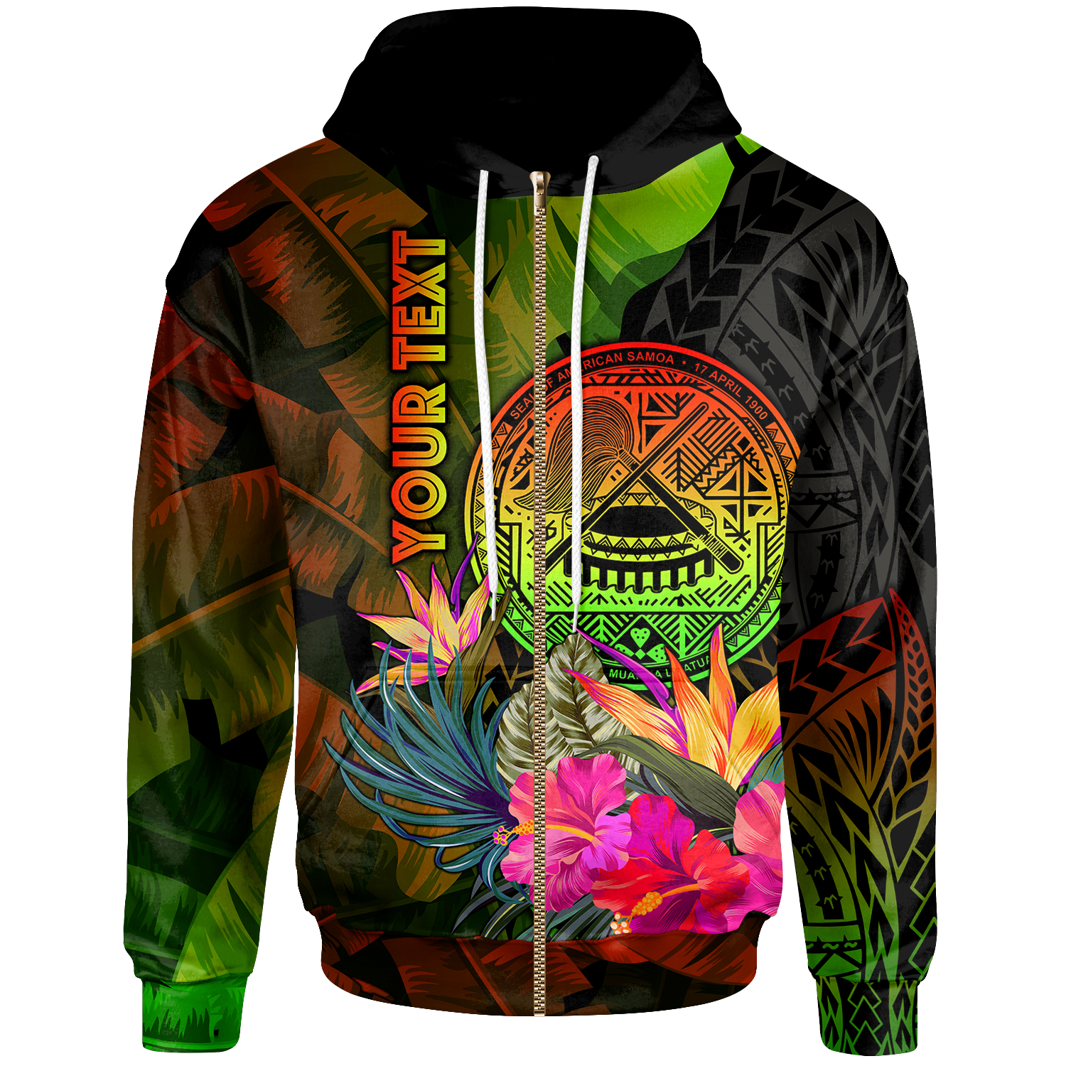 American Samoa Polynesian Custom Zip up Hoodie Hibiscus and Banana Leaves Unisex Reggae - Polynesian Pride