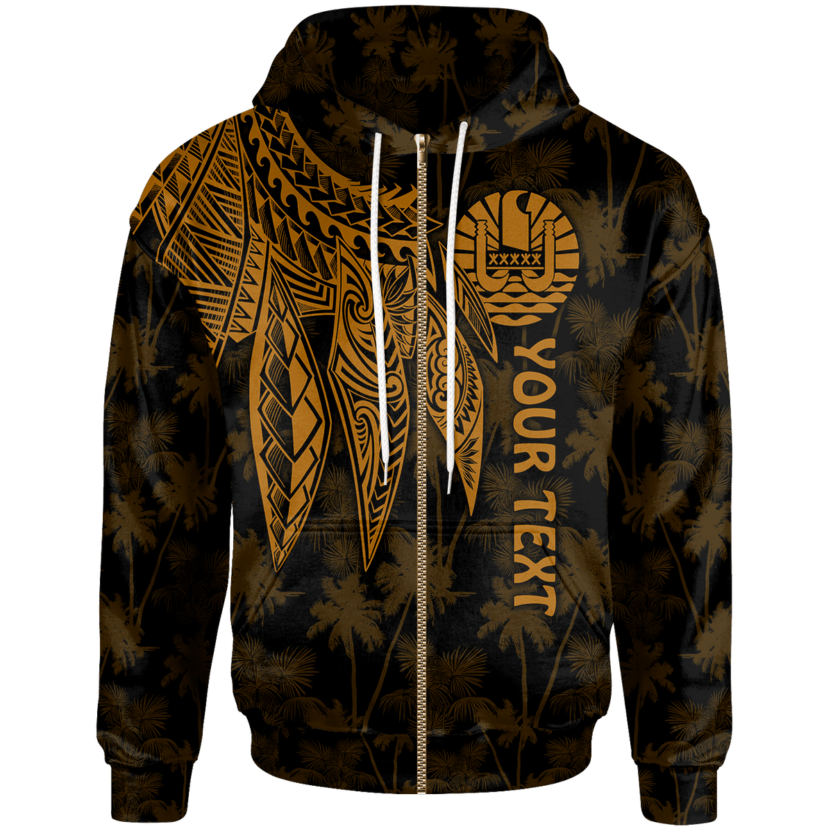 Tahiti Custom Zip up Hoodie Polynesian Wings (Golden) Unisex Golden - Polynesian Pride