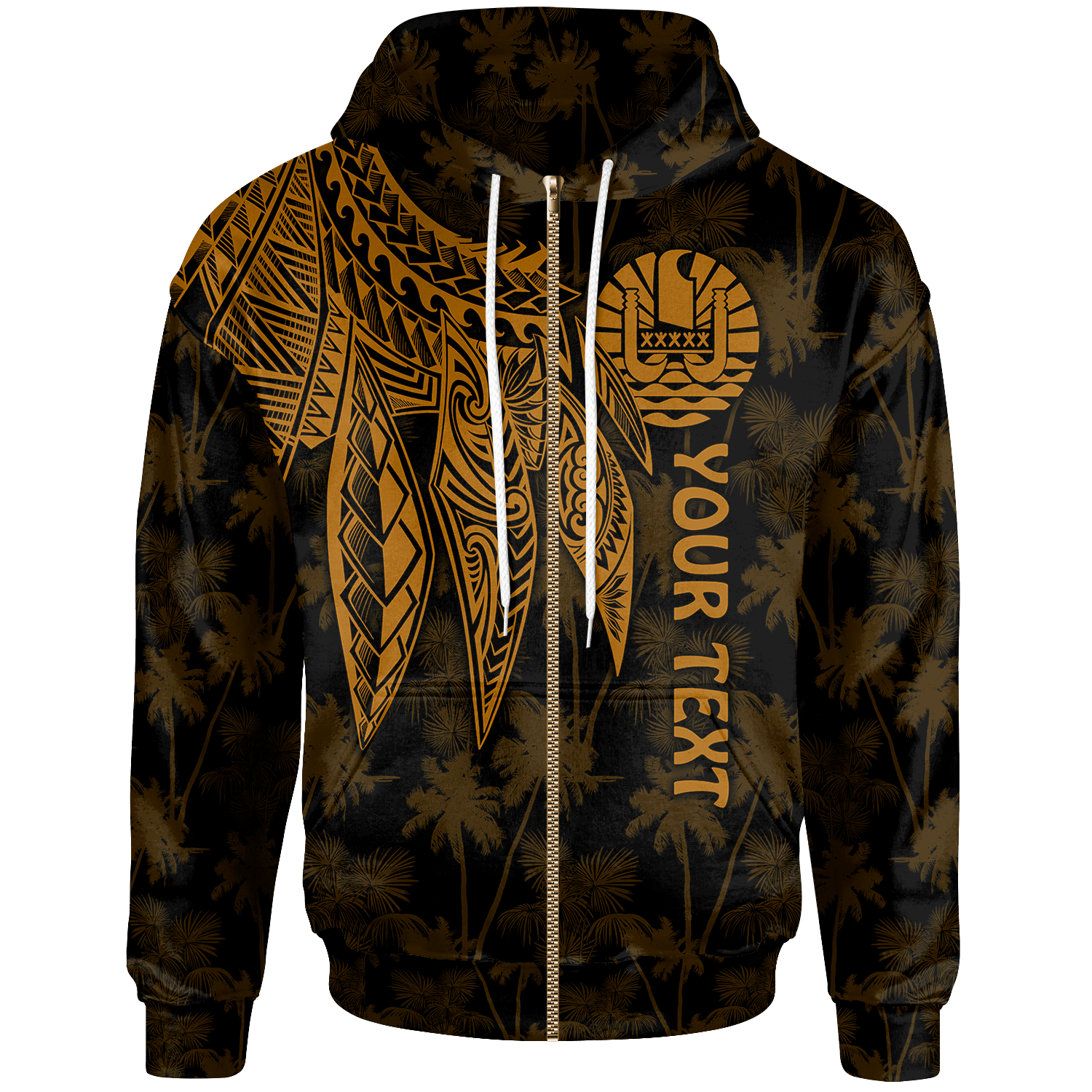 Tahiti Custom Zip up Hoodie Polynesian Wings (Golden) Unisex Golden - Polynesian Pride