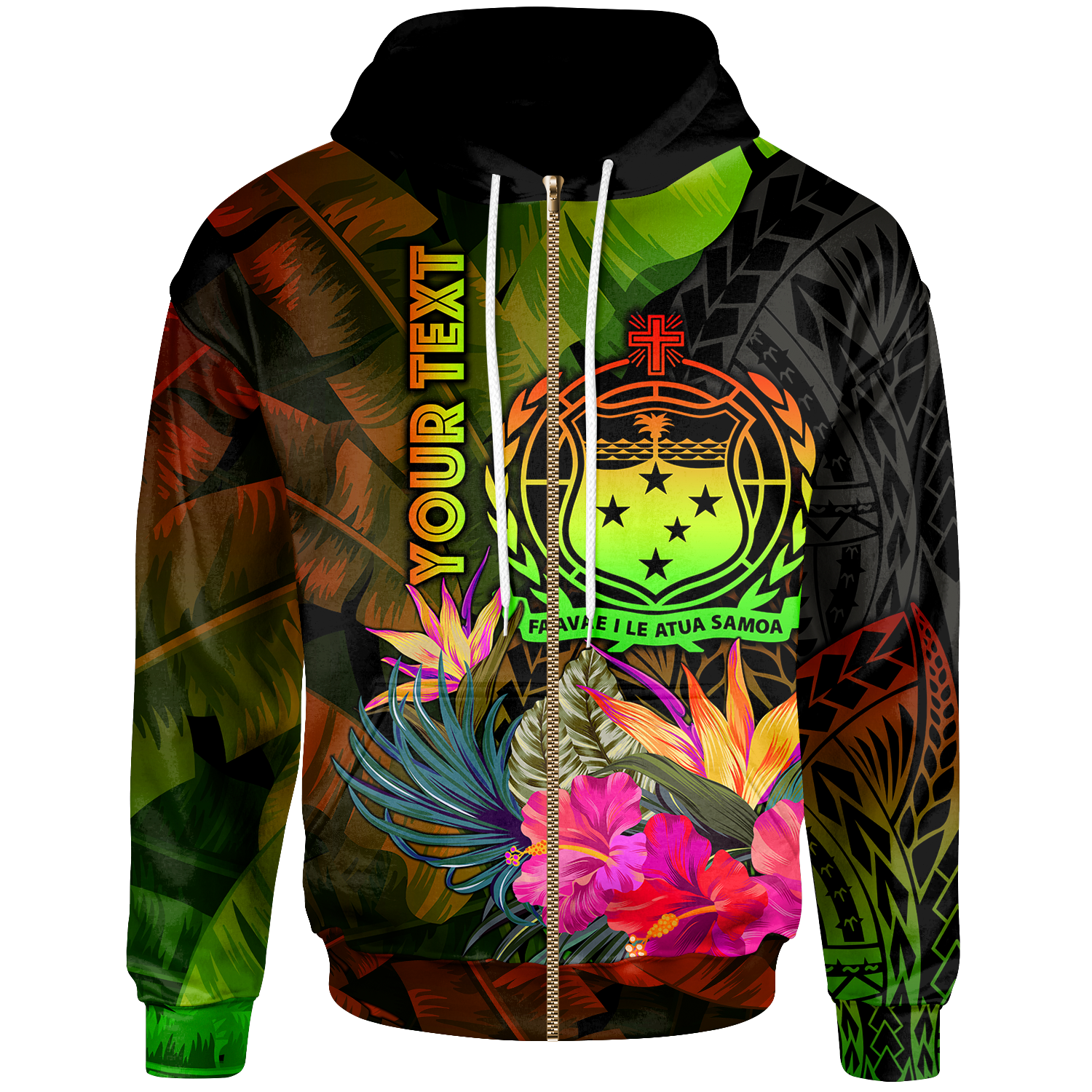 Samoa Polynesian Custom Zip up Hoodie Hibiscus and Banana Leaves Unisex Reggae - Polynesian Pride