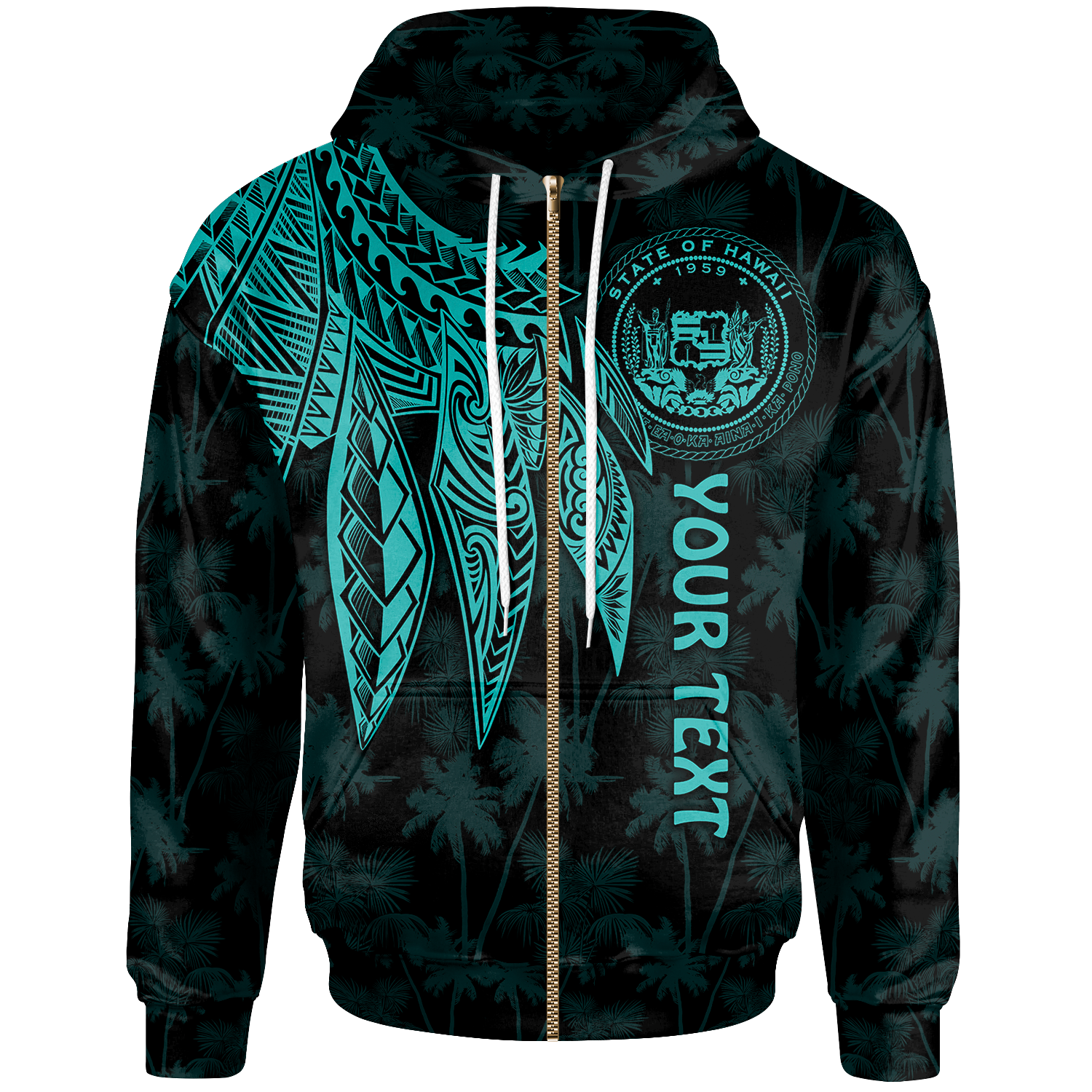 Polynesian Hawaii Custom Zip up Hoodie Polynesian Wings (Turquoise) Unisex Turquoise - Polynesian Pride