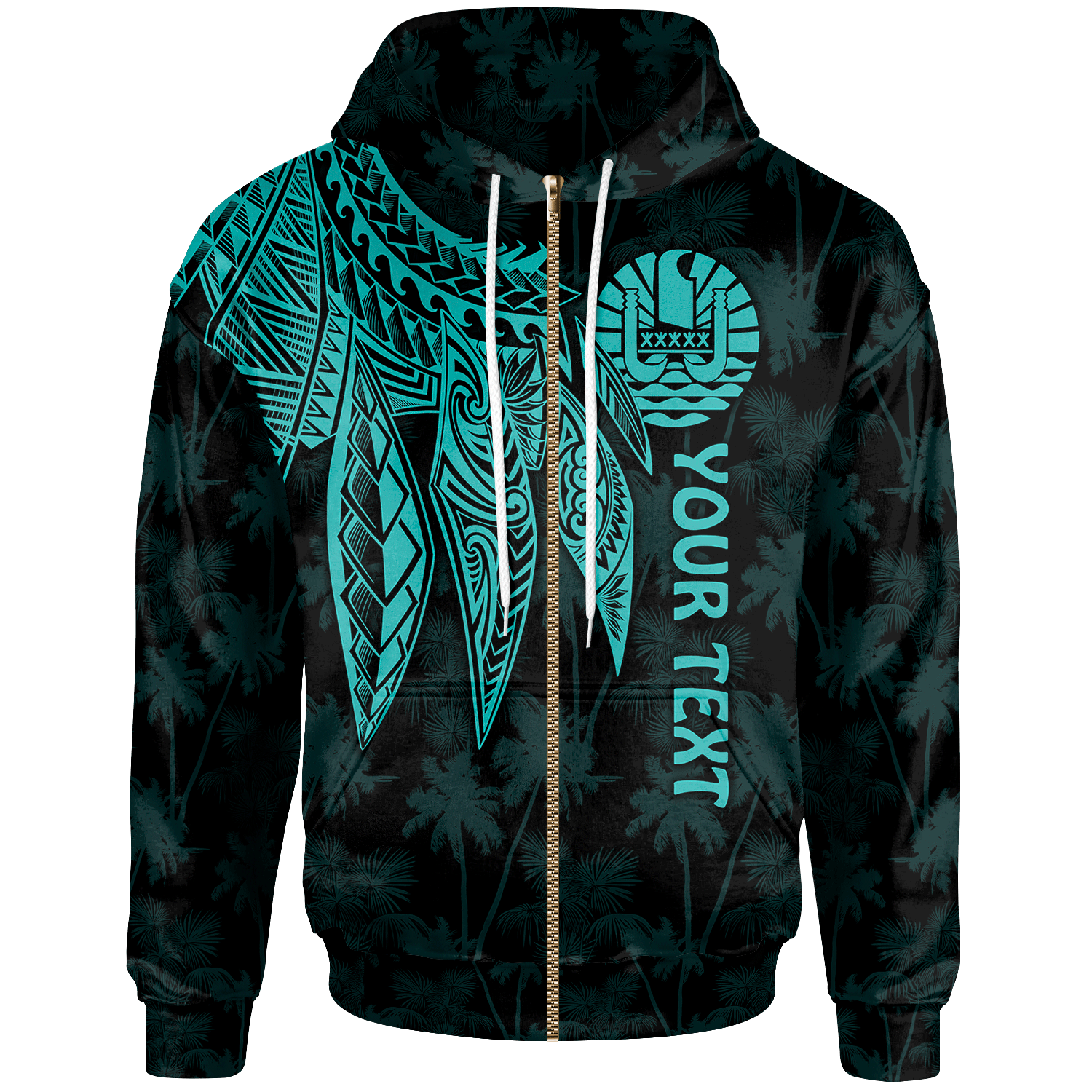 Tahiti Custom Zip up Hoodie Polynesian Wings (Turquoise) Unisex Turquoise - Polynesian Pride