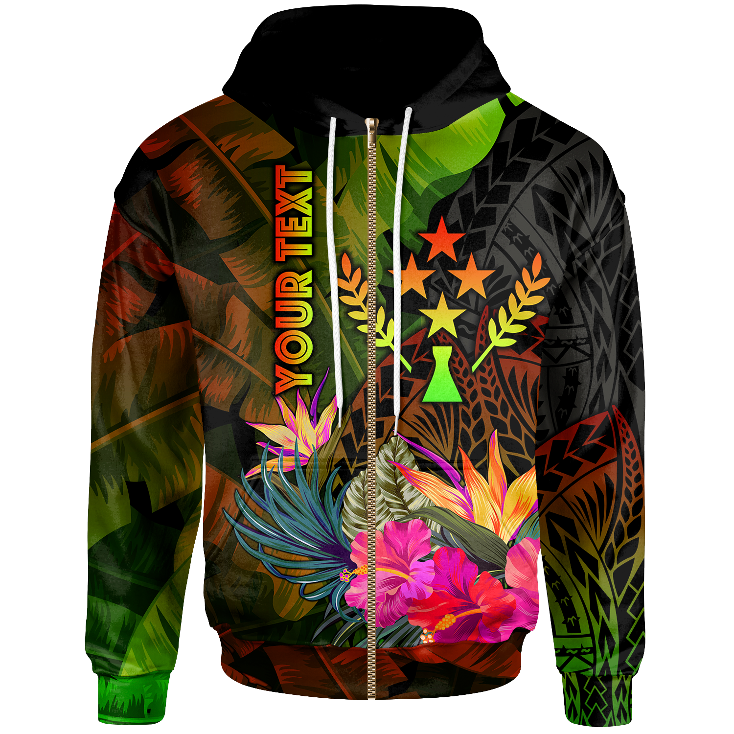 Kosrae Polynesian Custom Zip up Hoodie Hibiscus and Banana Leaves Unisex Reggae - Polynesian Pride