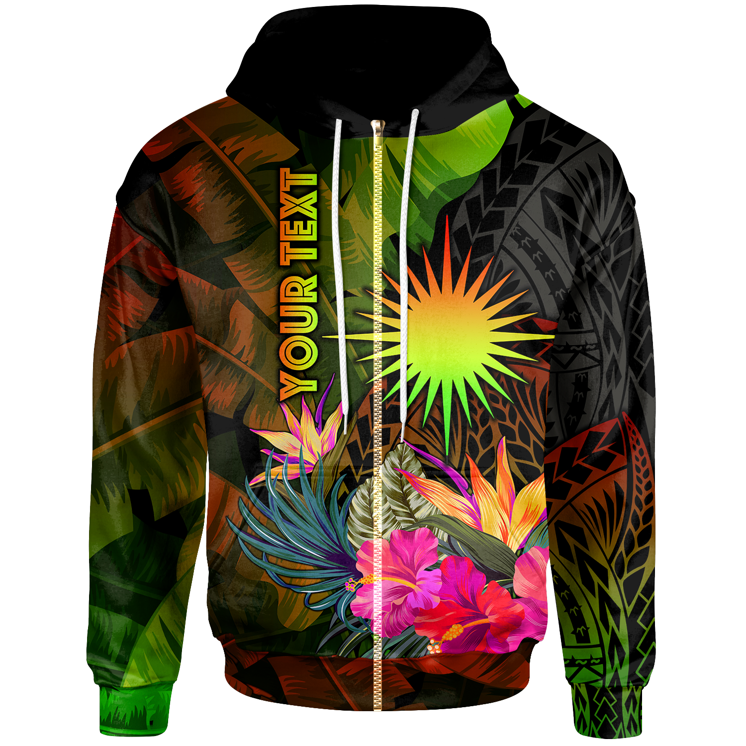 Marshall Islands Polynesian Custom Zip up Hoodie Hibiscus and Banana Leaves Unisex Reggae - Polynesian Pride