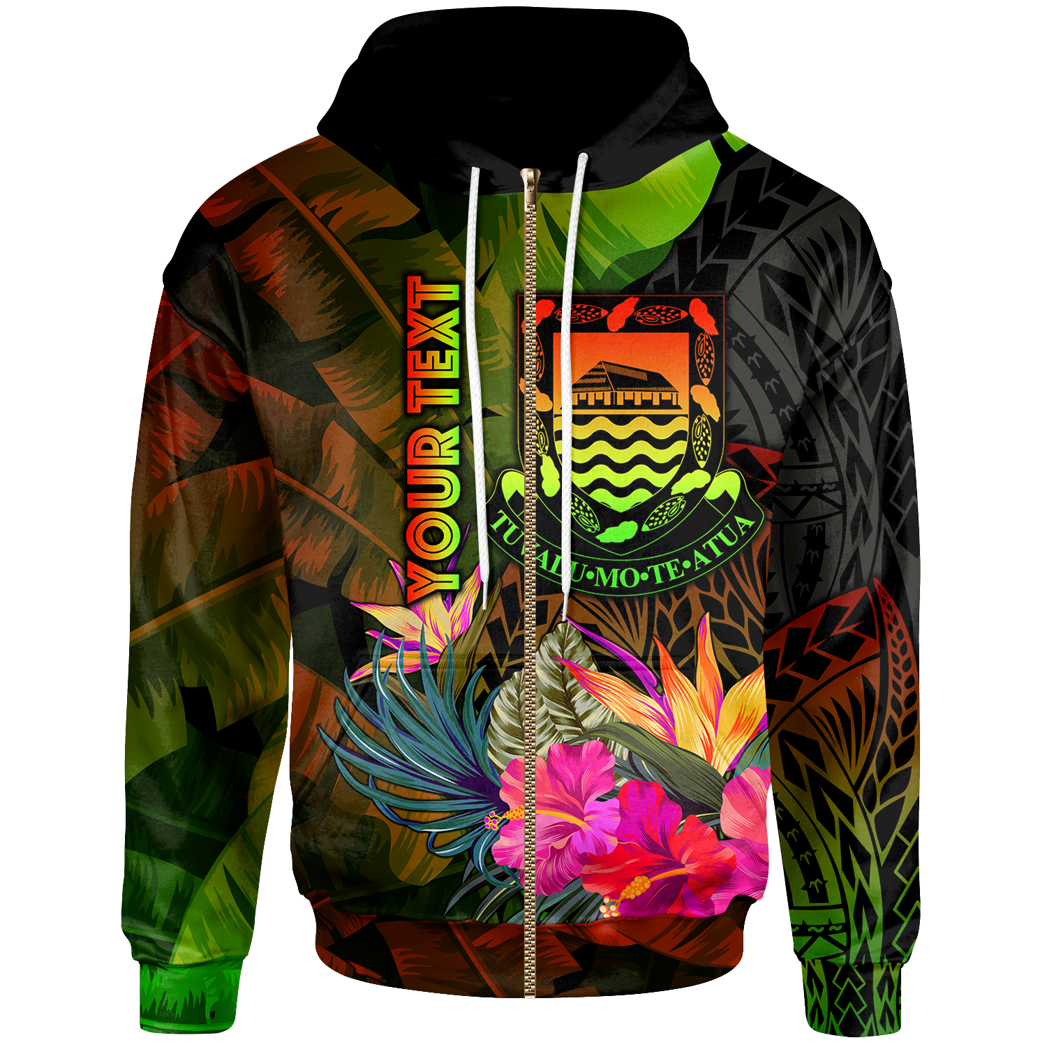 Tuvalu Polynesian Custom Zip up Hoodie Hibiscus and Banana Leaves Unisex Reggae - Polynesian Pride