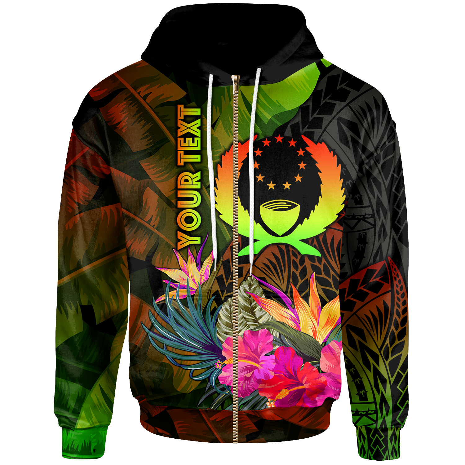 Pohnpei Polynesian Custom Zip up Hoodie Hibiscus and Banana Leaves Unisex Reggae - Polynesian Pride