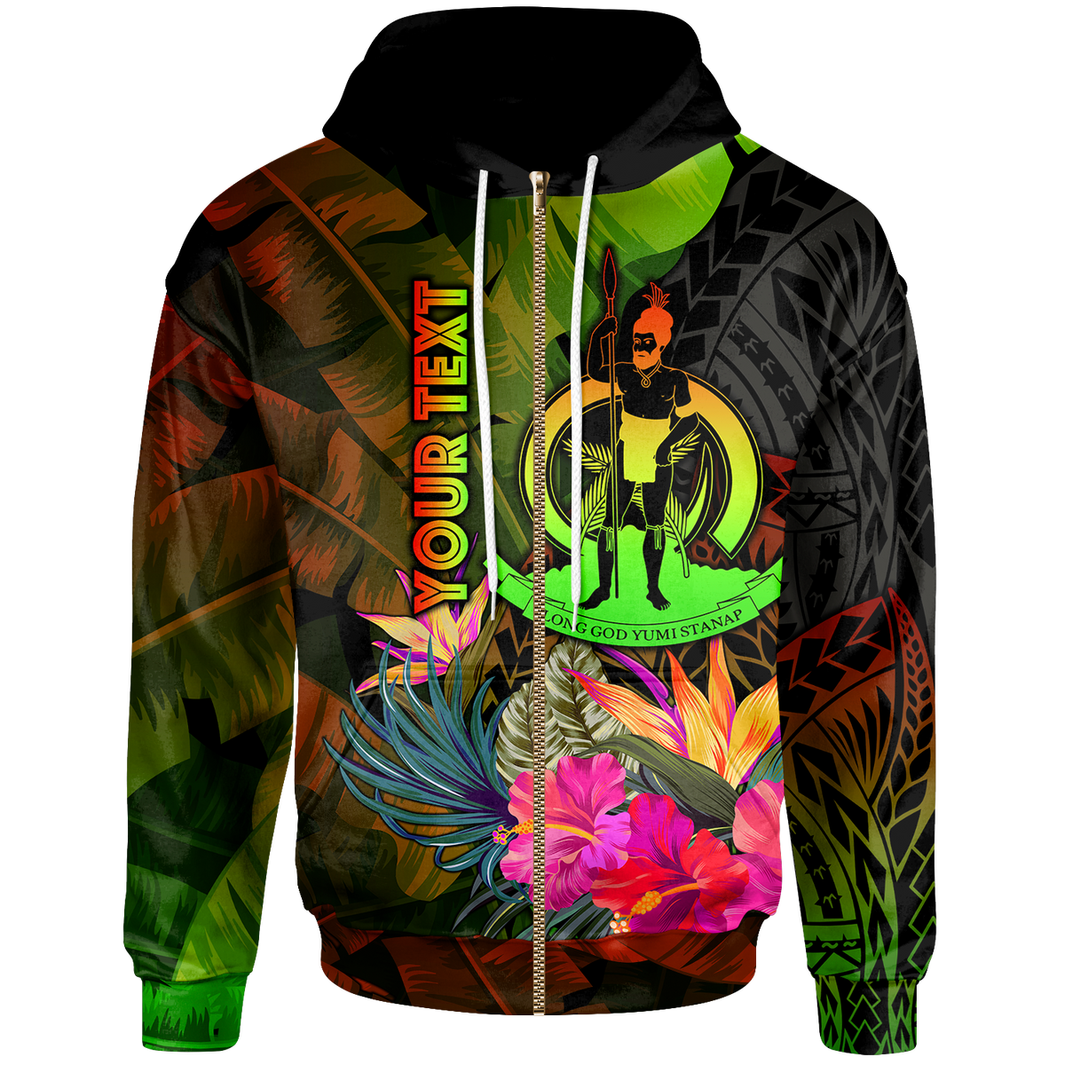 Vanuatu Polynesian Custom Zip up Hoodie Hibiscus and Banana Leaves Unisex Reggae - Polynesian Pride