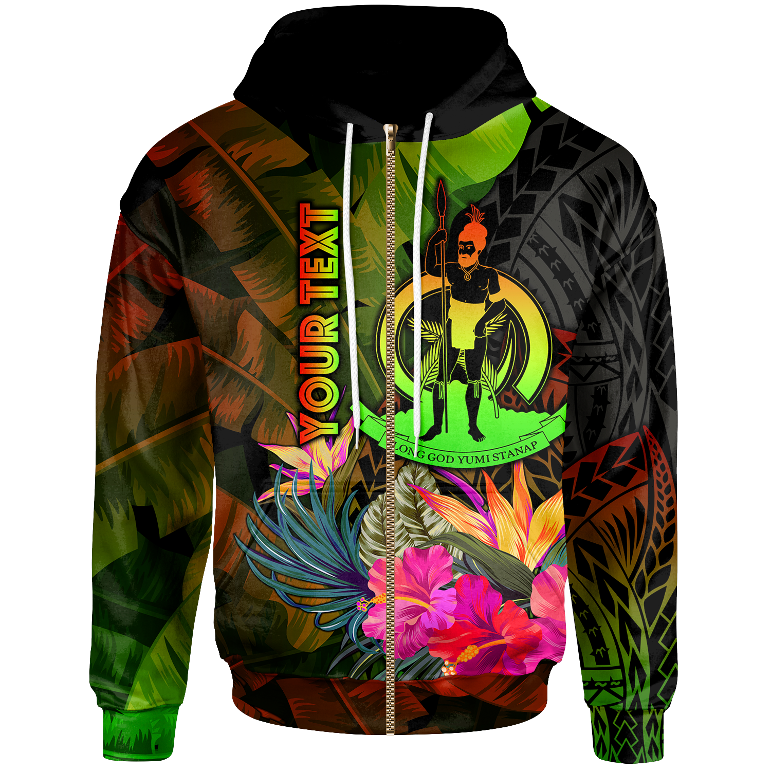 Vanuatu Polynesian Custom Zip up Hoodie Hibiscus and Banana Leaves Unisex Reggae - Polynesian Pride