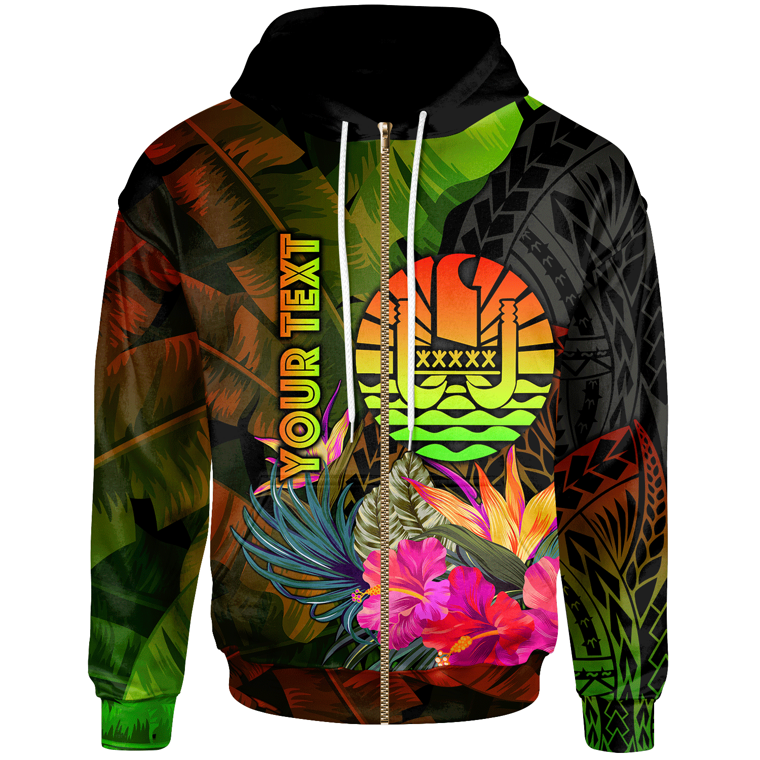 Tahiti Polynesian Custom Zip up Hoodie Hibiscus and Banana Leaves Unisex Reggae - Polynesian Pride